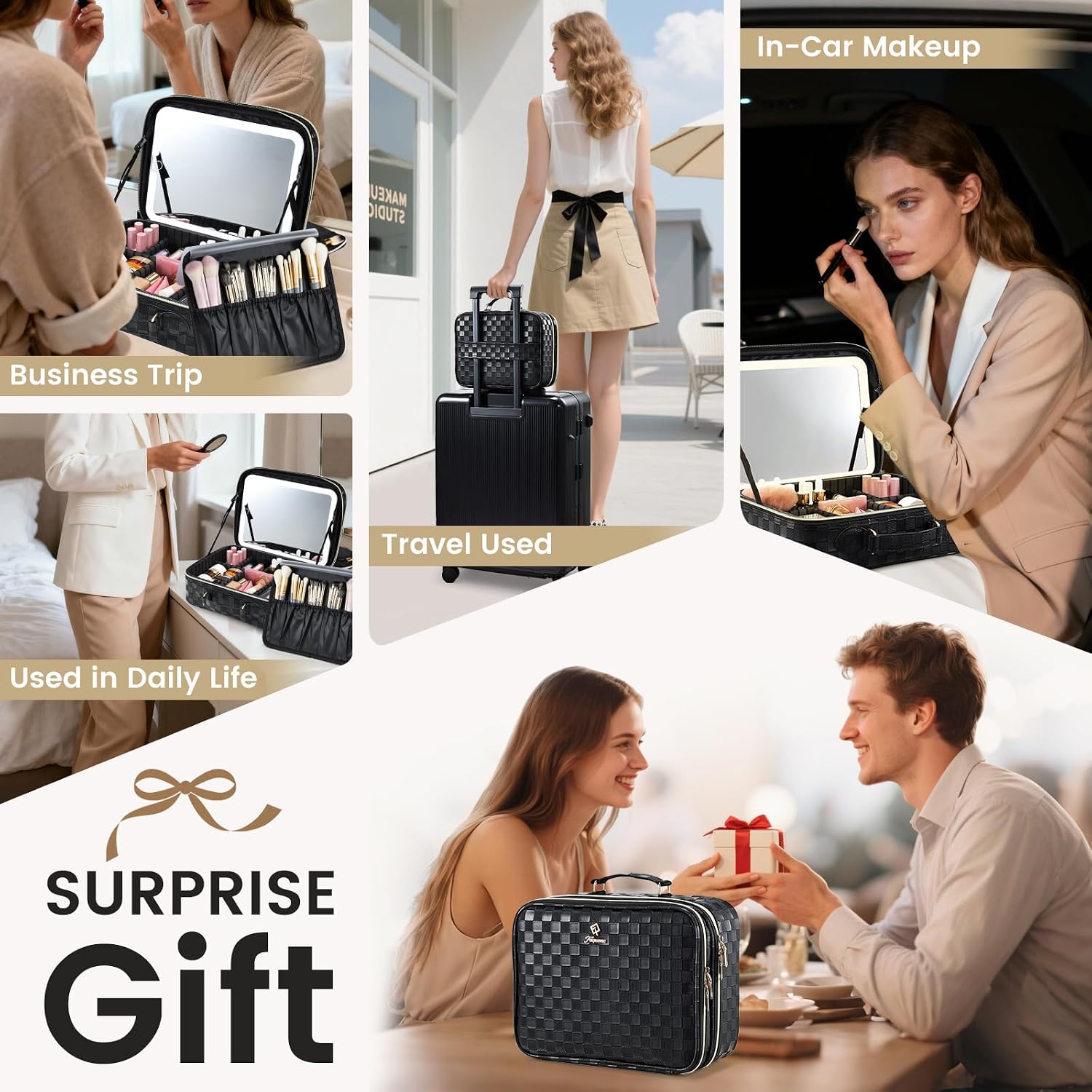 Makeup Bag with LED Lighted Mirror 12.2 IN Cosmetic Train Case Double Layer Makeup Case Adjustable Brightness in 3 Colors Cosmetic Organizer Artist Storage with Brush Holder Vanity Black Checkerboard - Image 8