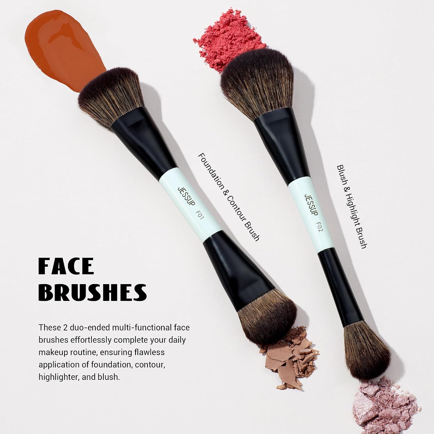 Jessup Makeup Brush Set 6pcs Double Sided Makeup Brushes Foundation Contour Blush Highlight Blending Eyebrow Brush Eyeshadow Brush, Vegan Fiber Make up Brush Bright Cyan T501 - Image 4