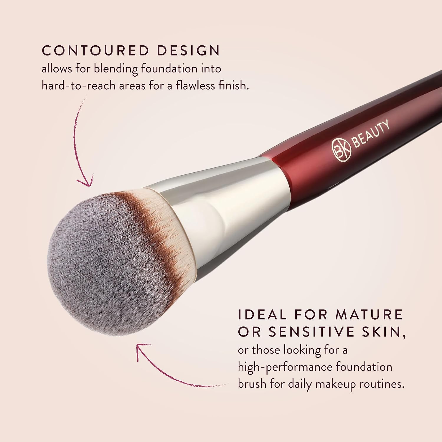 BK BEAUTY 101 Contoured Foundation Brush for Liquid & Cream Makeup | Vegan, cruelty-free synthetic fiber bristles with wood handle and aluminum ferrule. Color: Burgundy. - Image 5