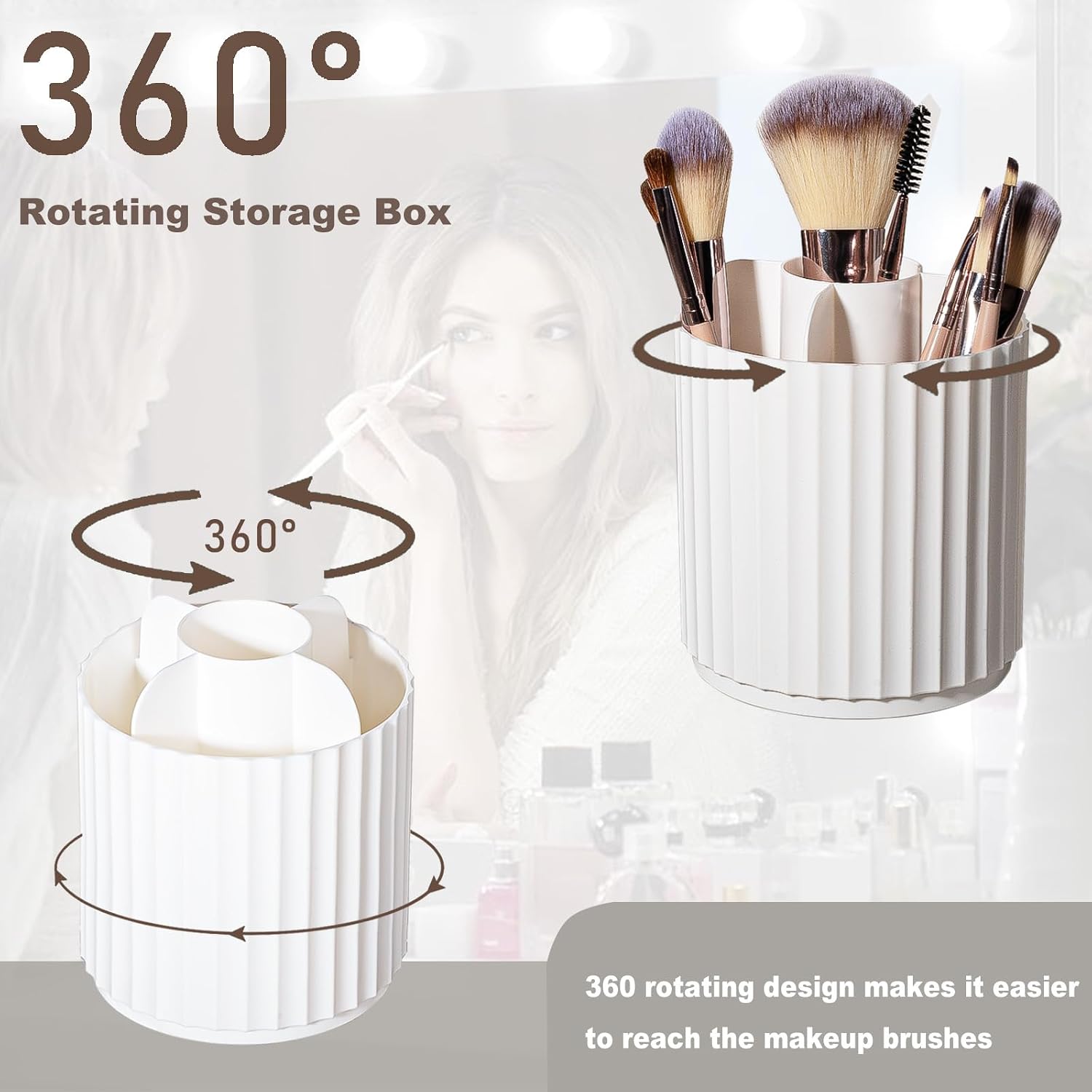 360 Rotating Makeup Brush Holder Make Up Brushes Organizer, Stripe White | Spinning Makeup Brush Cup Cosmetics Container Pen Holder Lipsticks Storage for Vanity, Dresser - Image 4