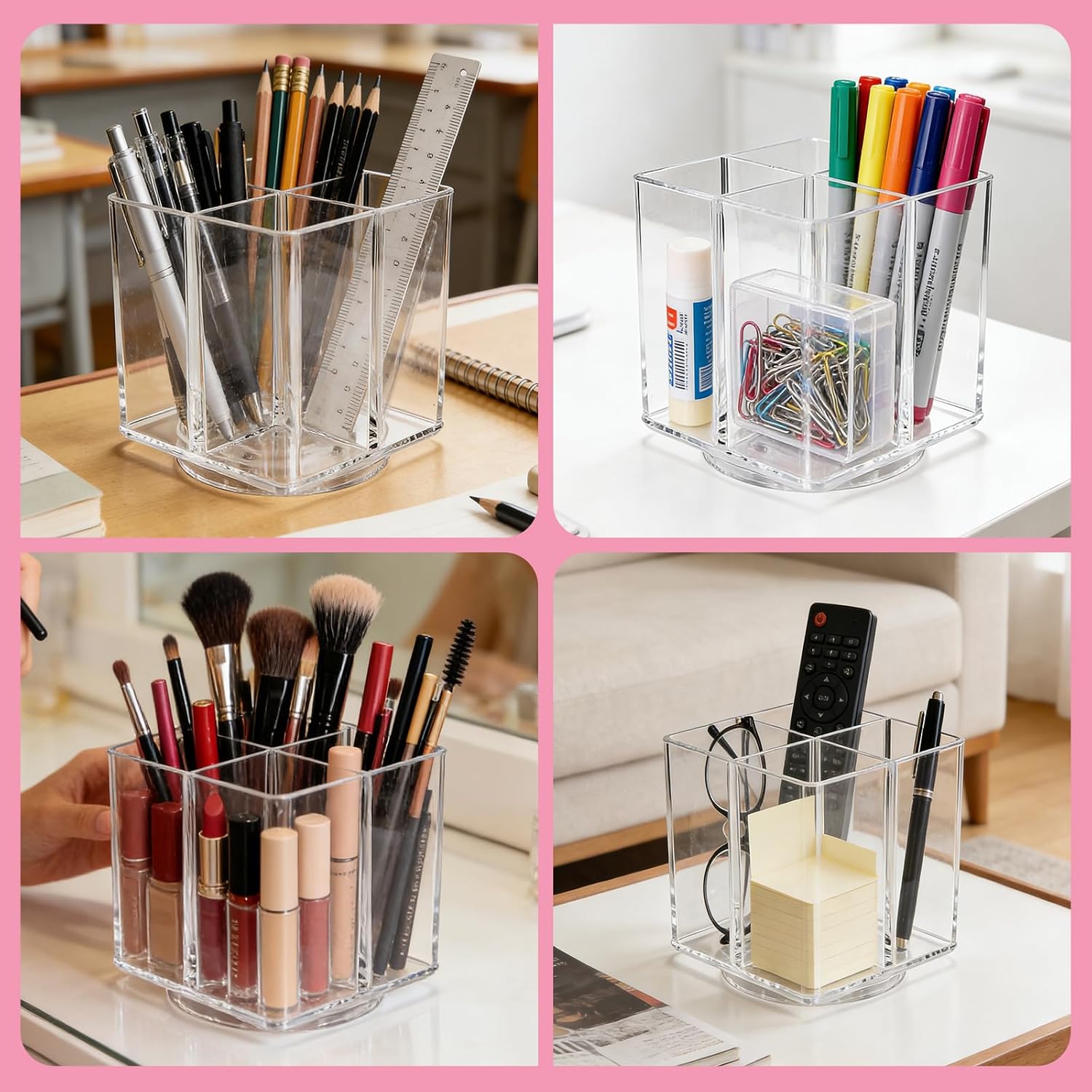 Acrylic Makeup Brush Holder, Clear Rotating Makeup Brush Holder Organizer with 4 Slots, Square Makeup Brush Cup for Vanity Desk Countertop Bathroom - Image 7