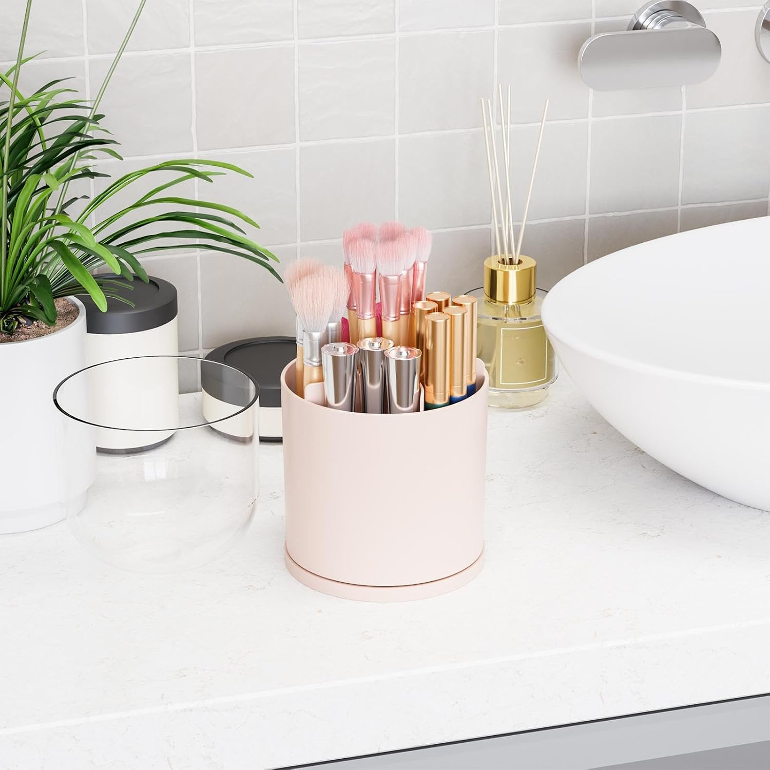 Rotating Acrylic Makeup Brush Holder with Lid for Vanity,Bathroom,Countertop,Covered Makeup Brushes Organizer,Round Spinning Cosmetic Brushes Holder and Make up Brush Storage with Cover,Pink - Image 5