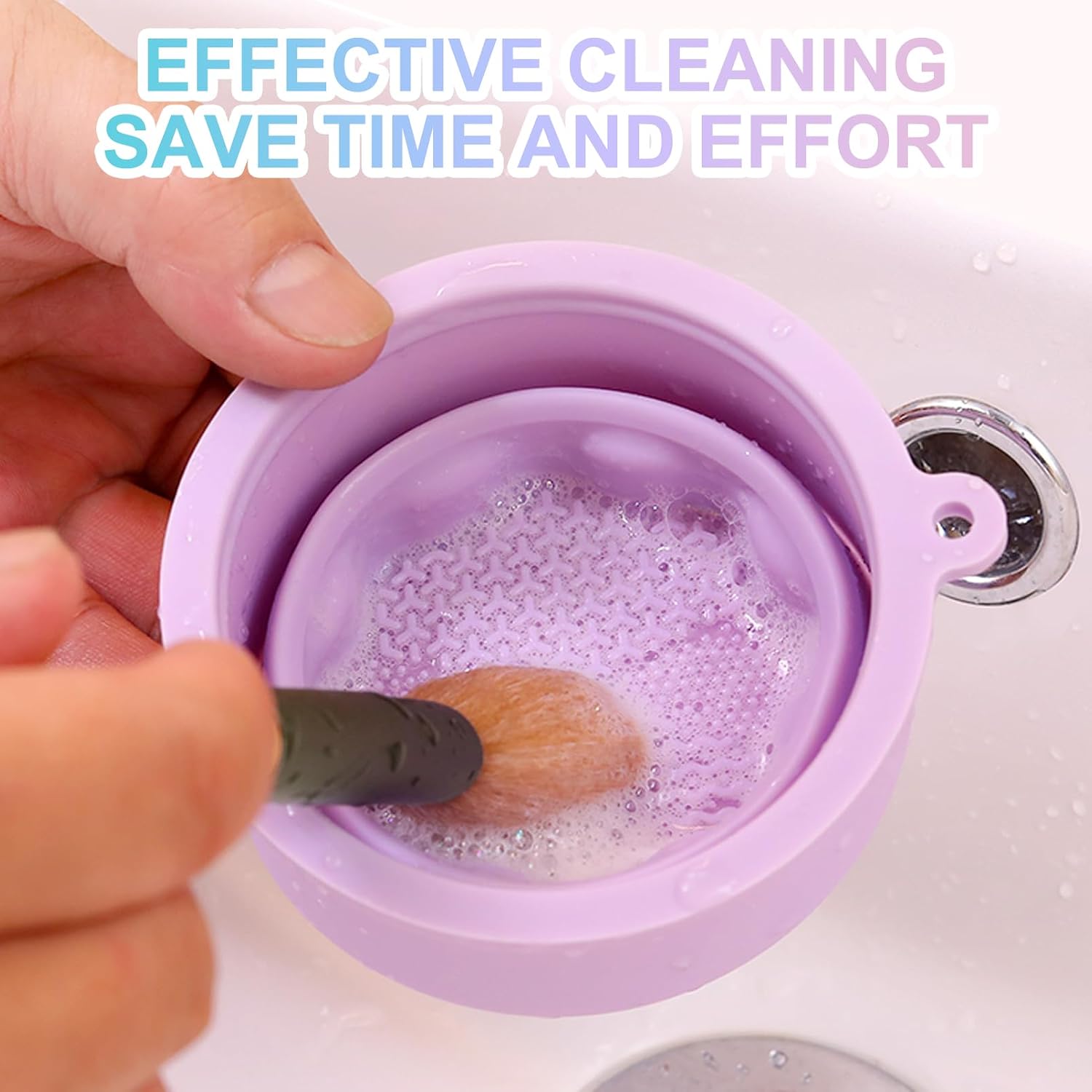 Makeup Brushes Cleaner Mat with Brush Storage Holder, Folding Portable Washing Tool for Makeup Brush Cleaning, 2 In 1 Silicone Brush Cleaner Pad & Cosmetic Brush Organizer Rack (Purple) - Image 3
