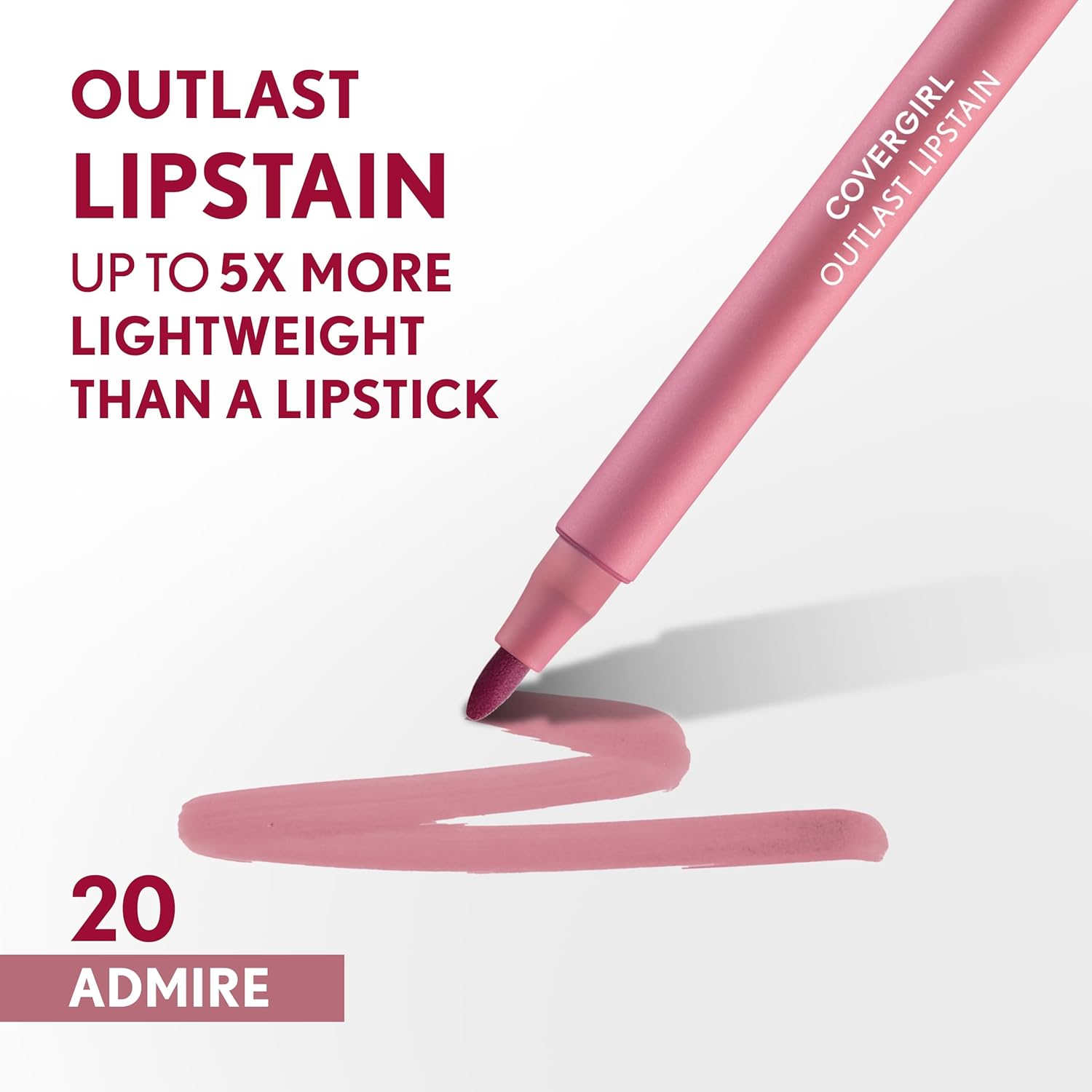 Covergirl Outlast Lipstain, 20 Admire, Smooth Application, Precise Pen-Like Tip, Transfer-Proof, Satin Stained Finish, Vegan Formula, 0.06oz - Image 2