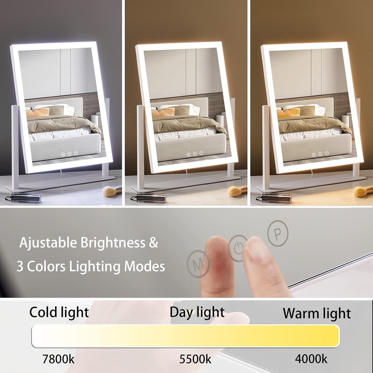 HIEEY Lighted Makeup Mirror, 17.3" x 13" Hollywood Vanity Mirror with Lights, Three Color Lighting Modes, and 5X Magnification Mirror, Smart Touch Control, 360°Rotation (White,Gift Box) - Image 3