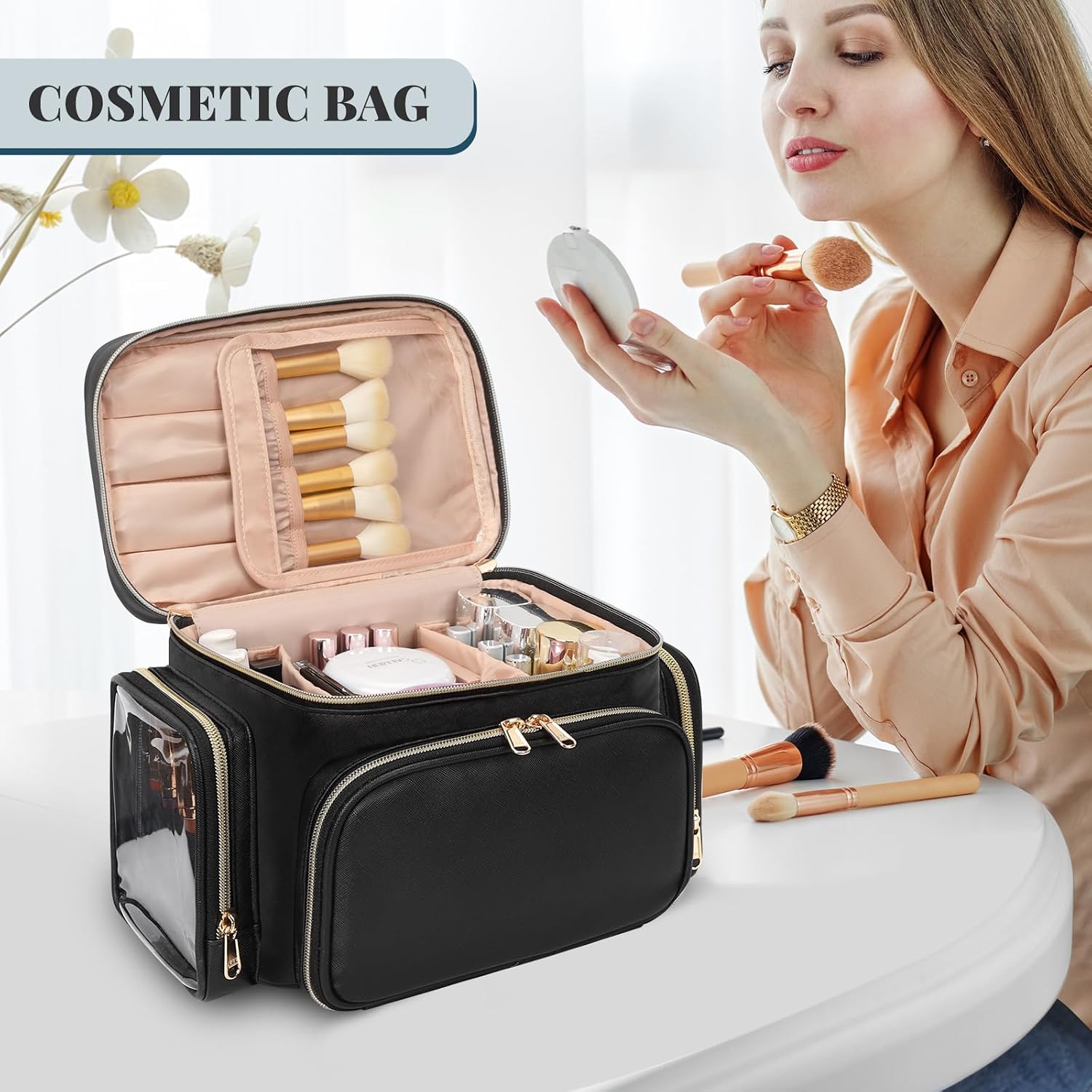 Bagmoly Large Makeup Bag, Portable Travel Makeup Bag Organizer for Women Girls with Makeup Brush Compartment & Two Side Pockets, Cosmetic Travel Bag Vertical Storage Toiletry Bag - Black - Image 7
