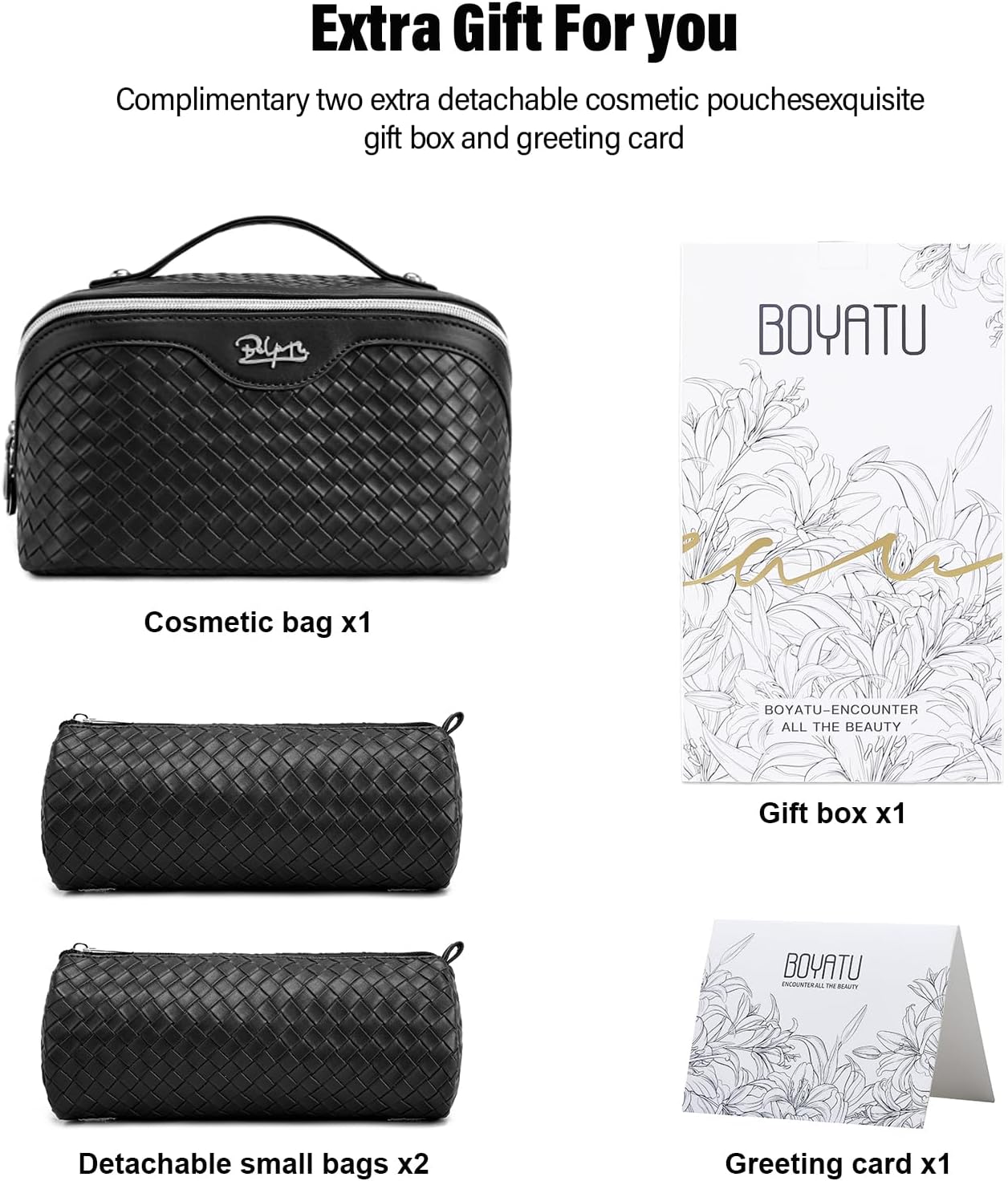 BOYATU Travel Makeup Bag Cosmetic Bags for Women: 3 Pcs Set Make up Bag | Large Capacity Waterproof Vegan Leather Organizer Bags with Compartments - Lay flat Toiletry with Handle (L05 Black) - Image 8