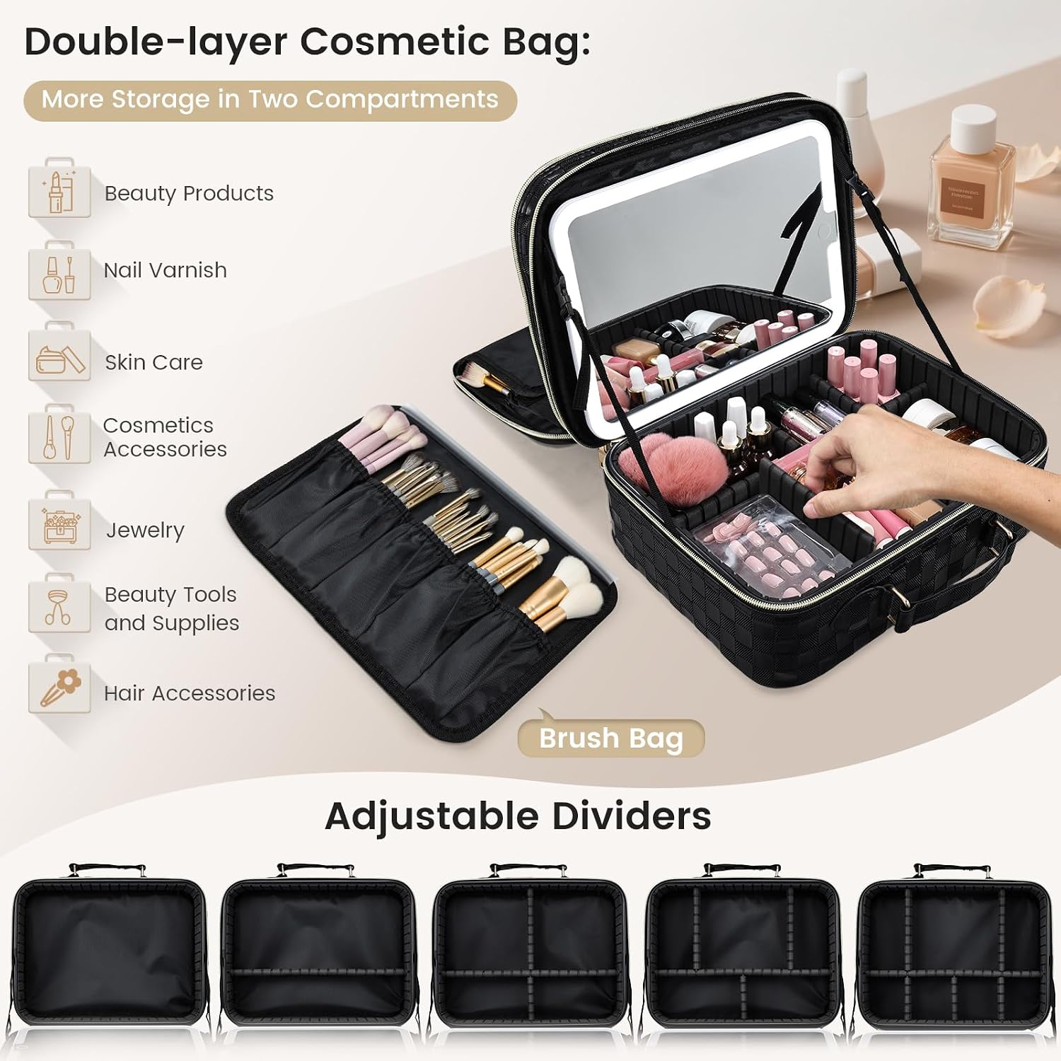 Makeup Bag with LED Lighted Mirror 12.2 IN Cosmetic Train Case Double Layer Makeup Case Adjustable Brightness in 3 Colors Cosmetic Organizer Artist Storage with Brush Holder Vanity Black Checkerboard - Image 6