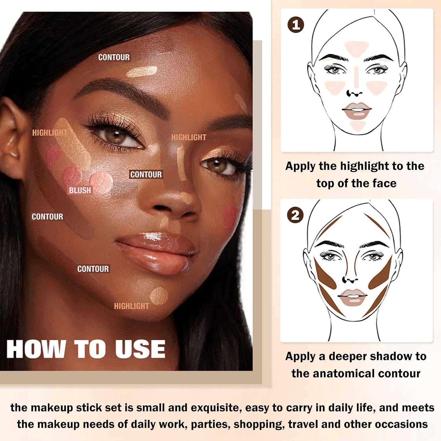 CAHIUYOA 6 Colors Cream Contour Stick Makeup Kit,Makeup Contour Kit (Set A) | Double-ended Design,Highlighter,Bronzer and Blush Stick for Cheeks,Waterproof Face Highlighter,Lightweight,Easy to Sculpt - Image 6