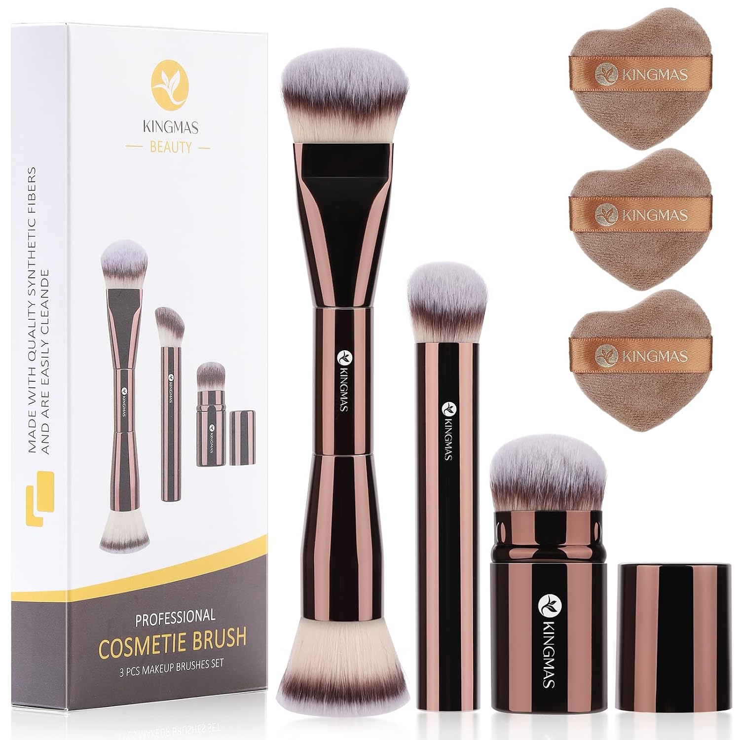 Makeup Brush Powder Puff Set, Foundation Concealer Makeup Brushes | Flawless Contour kabuki Brush Face Velour Puff for Foundation Blush Bronzer Contour Concealer, 3 Brushes & 3 Powder Puff