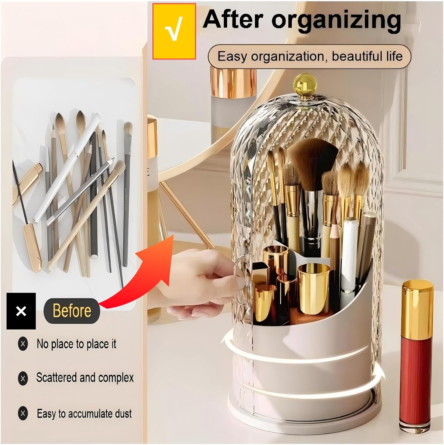 Makeup Brush Holder with Lid,360 Rotating Makeup Organizer | Makeup Brush Organizer with Diamond Pattern,Waterproof,Dustproof,Easy-Clean for Desk,Bathroom Countertop,Vanity,Travel,White - Image 6