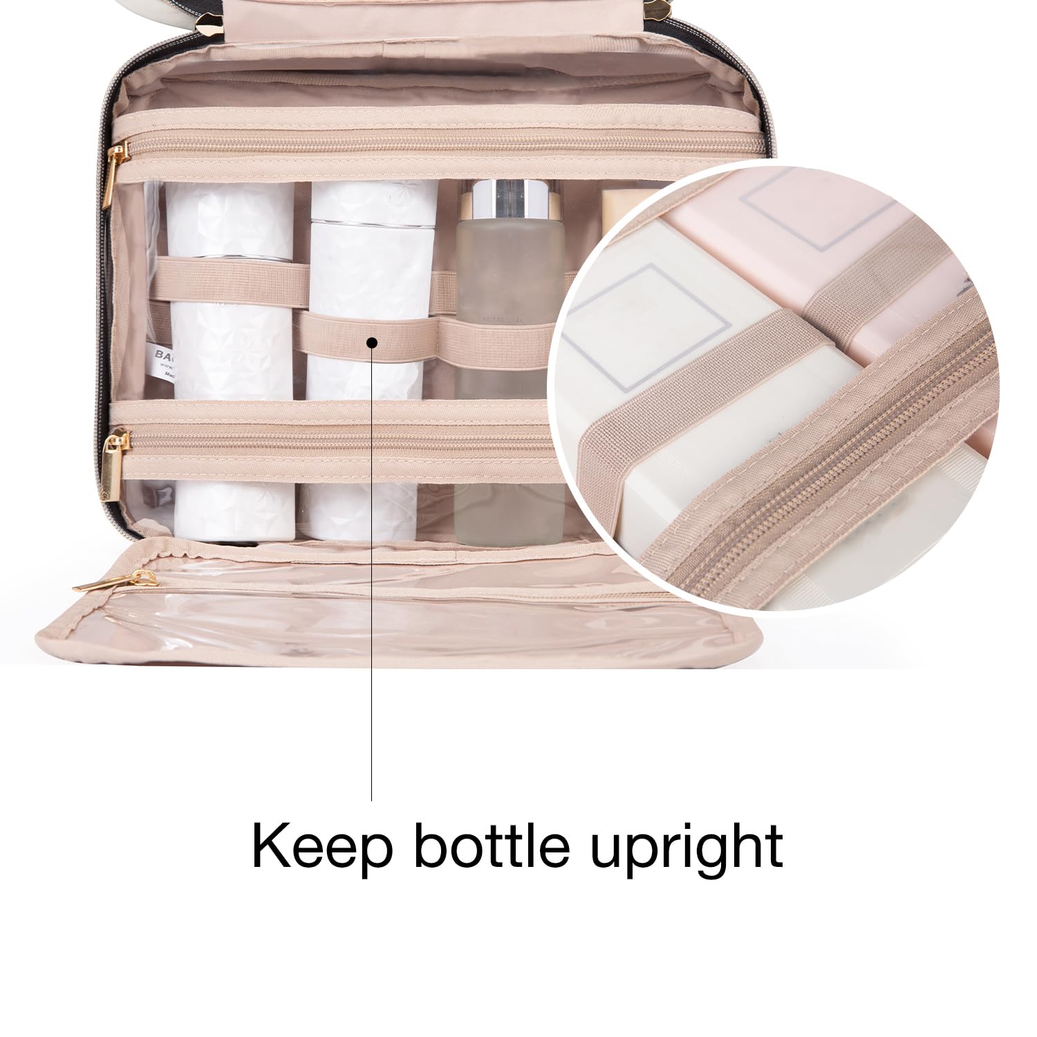 BAGSMART Toiletry Bag Travel Bag with Hanging Hook, Water-resistant Makeup Cosmetic Bag Travel Organizer for Accessories, Shampoo, Full-size Container, Toiletries (Baby Pink, Medium) - Image 4