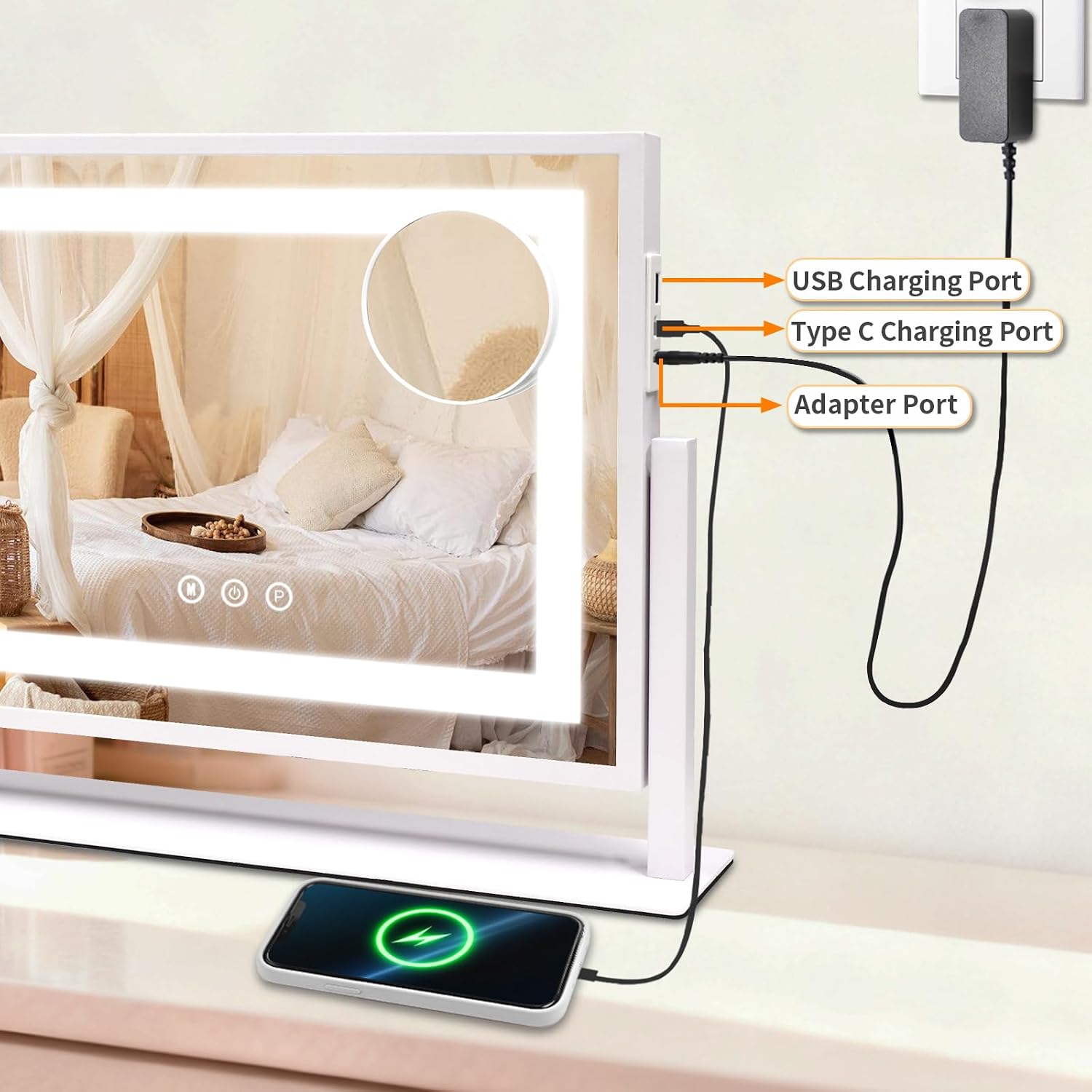 Vanity Mirror with Lights, Lighted Makeup Mirror with Touch Control & 3 Color Modes, 10X Magnification & Dimmable LED, USB Charging Port, Desktop Tabletop Mirror for Makeup (24x19 Inch) - Image 6