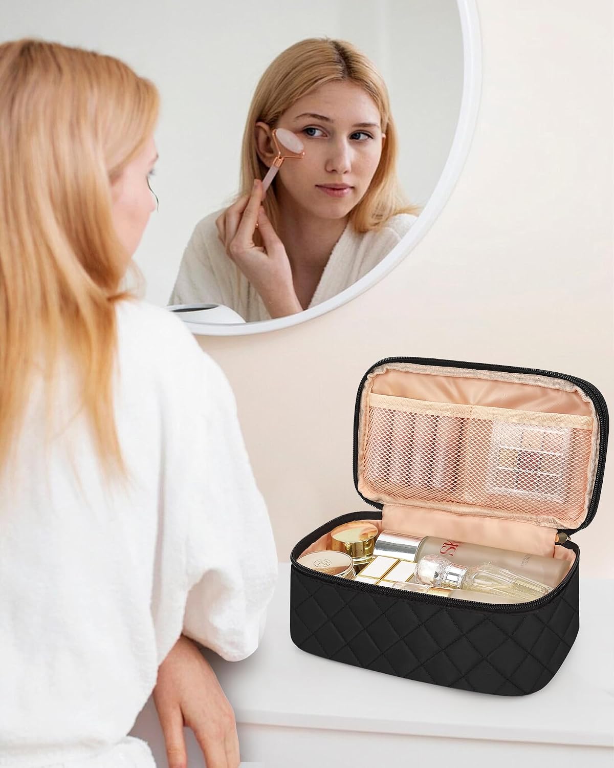 Relavel Small Travel Makeup Bag for Women, 2 Layer Makeup Organizer | Travel Cosmetic Bag with Separate Brush Compartment, Portable Make Up Storage with Handle for Short Trip, Gym - Image 8