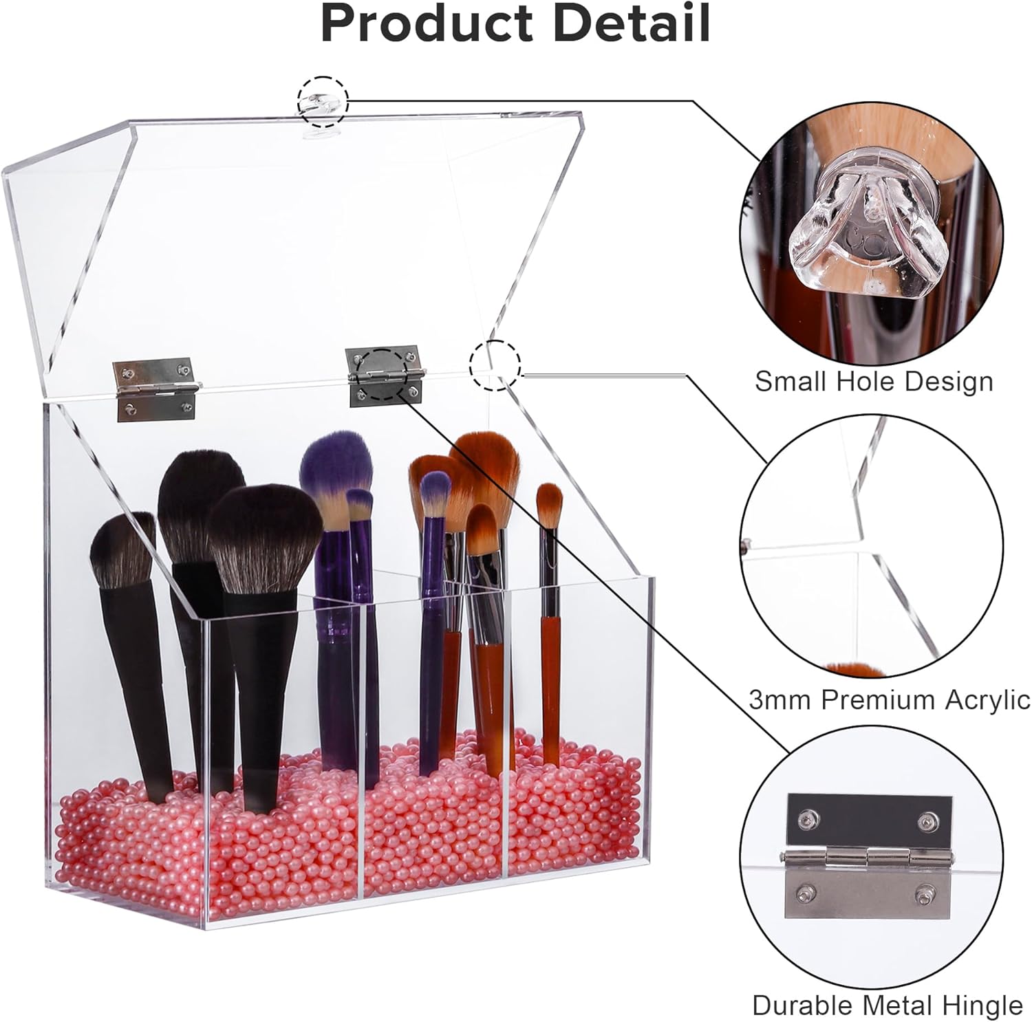 Acrylic Makeup Brush Holder with Lid - Clear Cosmetic Makeup Brush Organizer and Storage Box with Cover for Vanity - Large Capacity 3-Slots Container for Brushes (Clear) - Image 4
