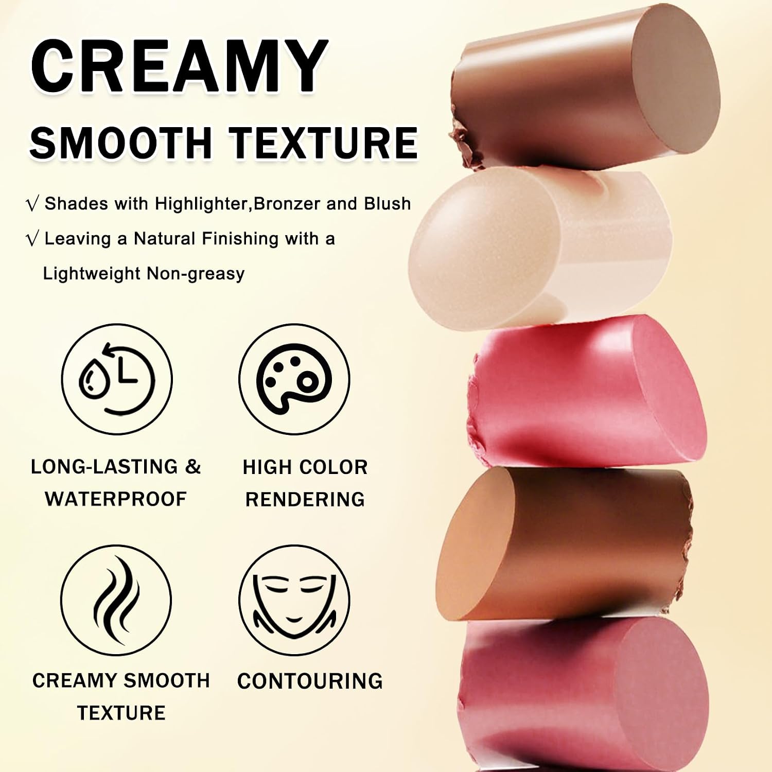 IONSGAKO 6 Colors Double-ended Cream Contour Stick Makeup Kit, Set A | Cream Highlighter Stick Bronzer and Blush Stick for Sculpt the Cheeks, Matte & Dewy Finish, Face Contour Kit for Beginners - Image 6