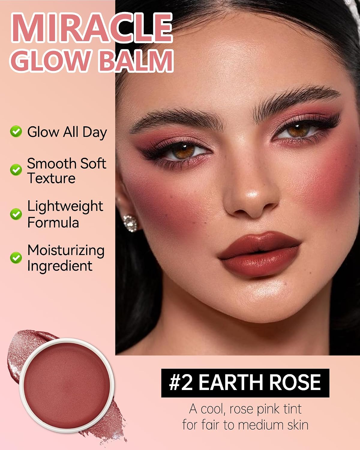 Multi Glow Balm, Miracle Glow Balm Tinted Face Creamy Blush for Women Cheeks Lip Eye, Hydrating Lightweight & Blendable Color, Shimmer Blusher Facial Makeup, Christmas Gift for Women Girl-02 Rose - Image 2