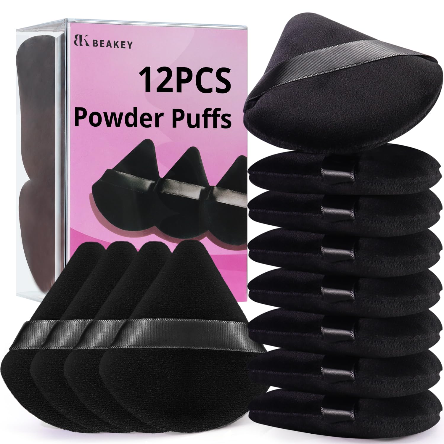 BEAKEY Powder Puff, 12pcs Face Triangle Powder Puffs for Loose & Foundation | Black Velvet Makeup Puff for Contouring & Baking, Ultra-soft Cloud Kiss Makeup Tools for Setting, Reusable & Washable