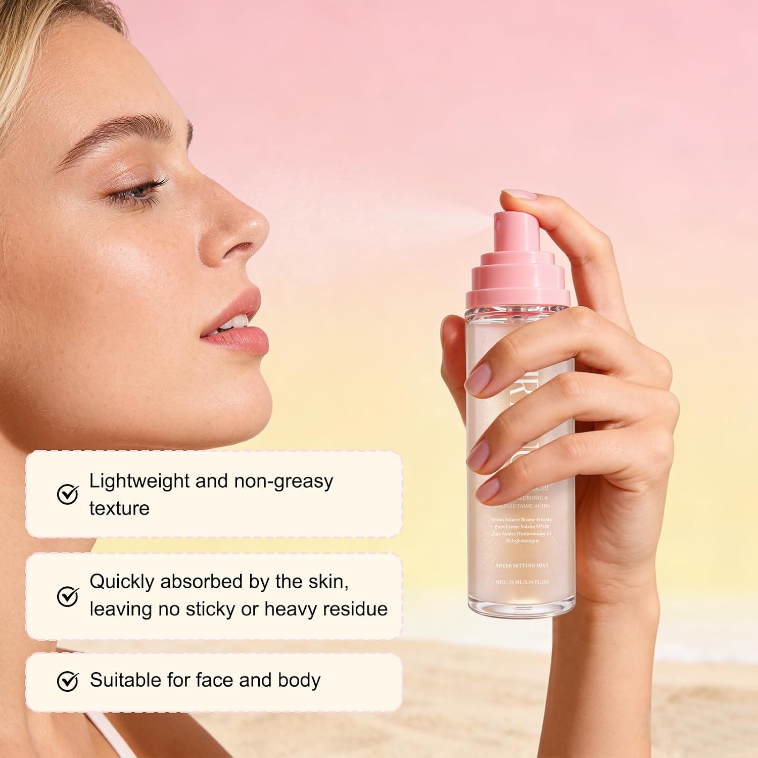 Sheer Setting Mist Sunscreen SPF 50, Makeup-Friendly Setting Mist with Hydrating Glow, Reef-Safe & Non-Greasy, Fast-Absorbing for Beach, Wedding, Travel (1pc) - Image 4