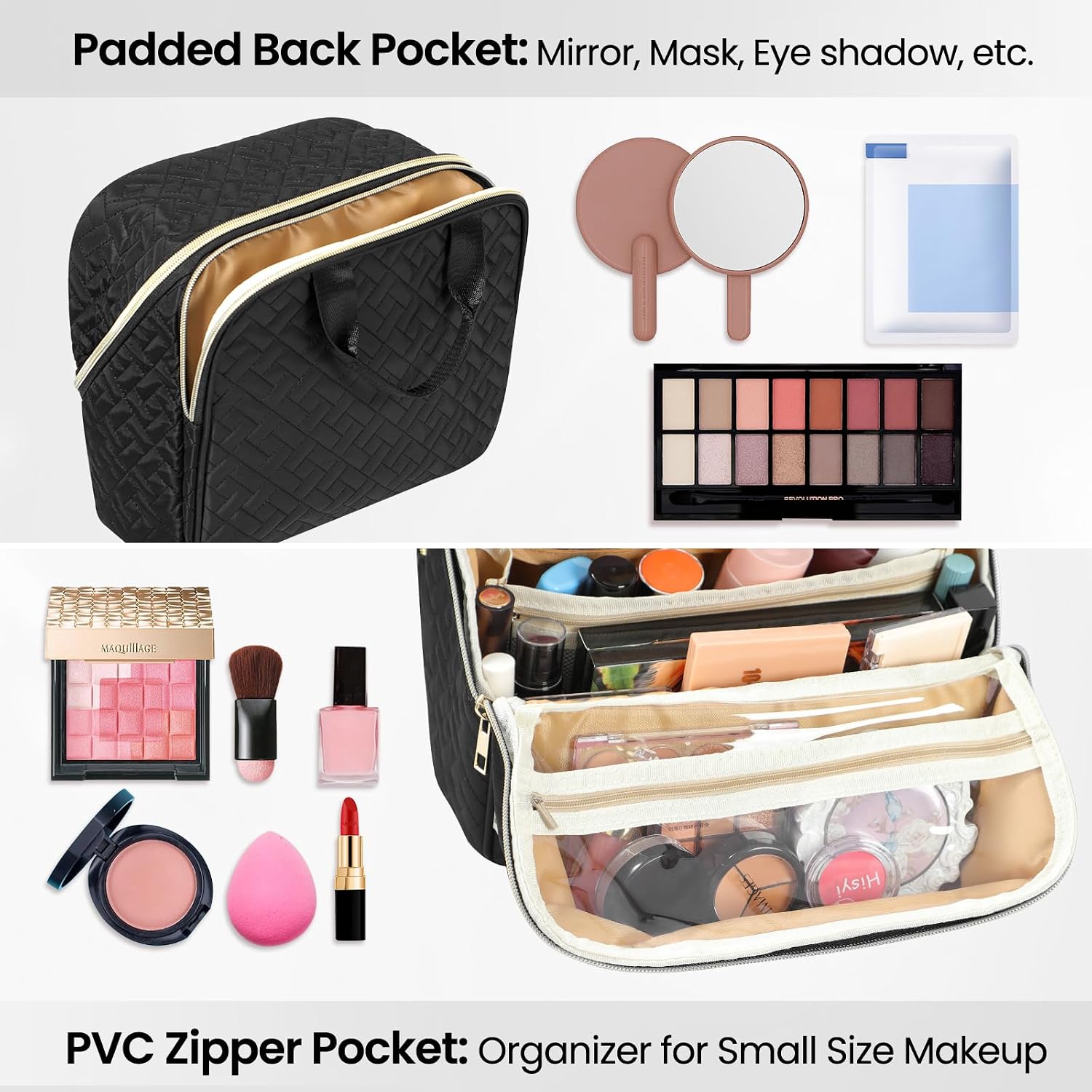 Makeup Bag, Large Capacity with Room for Brushes and Mirror, Travel Makeup Organizer, Portable Standing Make Up Case, Waterproof Cosmetic Toiletry Bags with Handle, Color Black - Image 4
