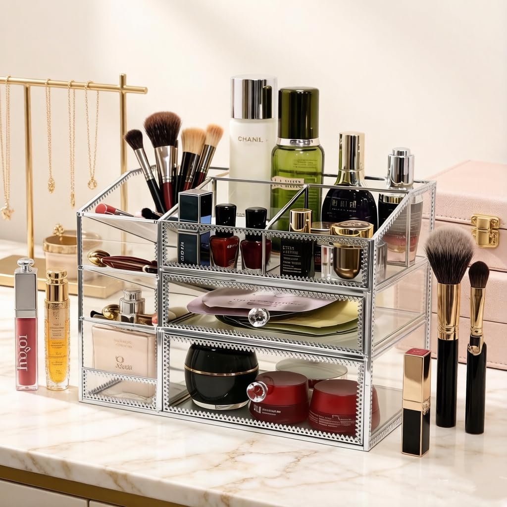 Glass Makeup Organizer with Drawers, Silver Mirror Glass Vanity Cosmetic Storage Case, 3-Tier Luxury Dressing Table Organizer for Skincare, Perfume, Brushes & Lipsticks - Image 4