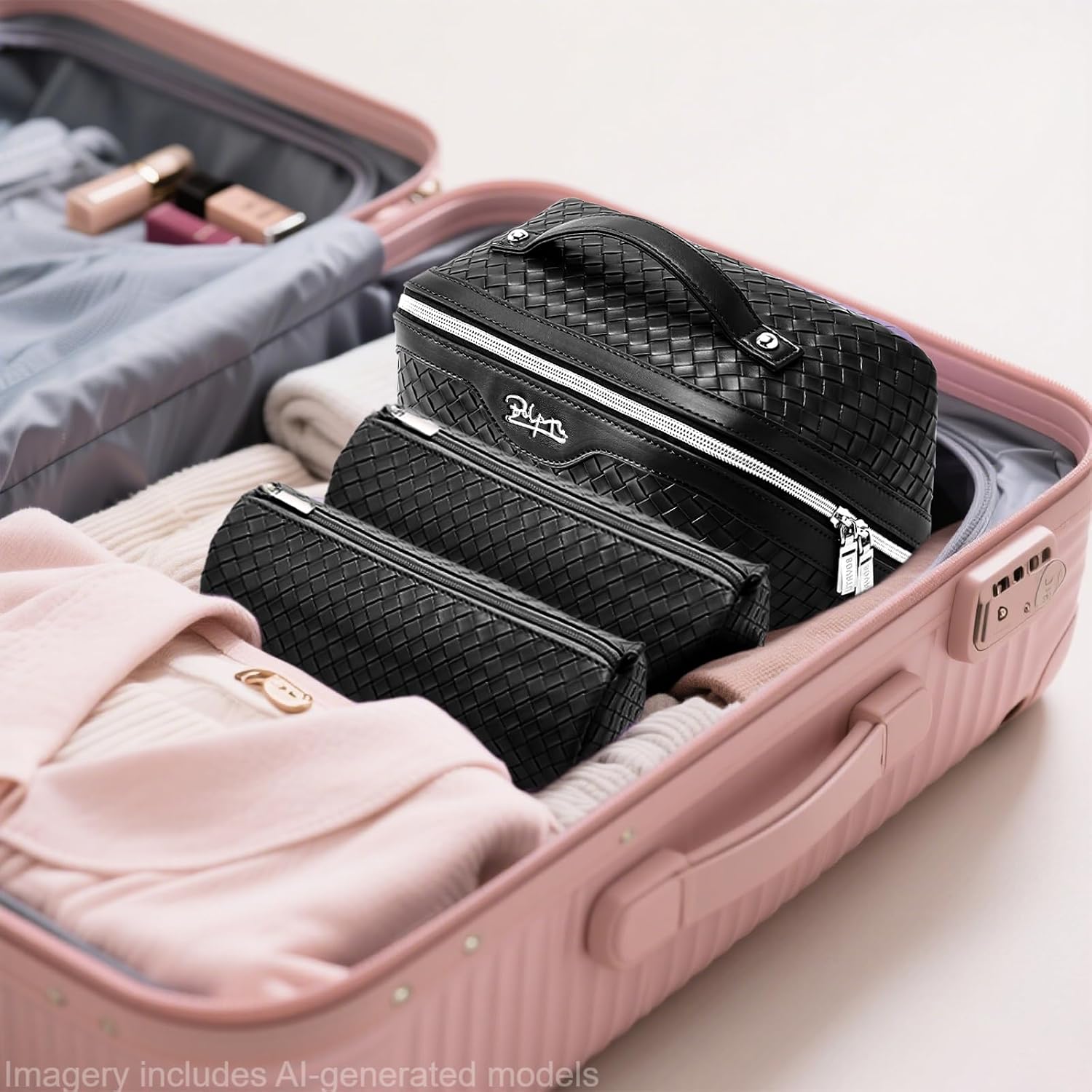 BOYATU Travel Makeup Bag Cosmetic Bags for Women: 3 Pcs Set Make up Bag | Large Capacity Waterproof Vegan Leather Organizer Bags with Compartments - Lay flat Toiletry with Handle (L05 Black) - Image 6