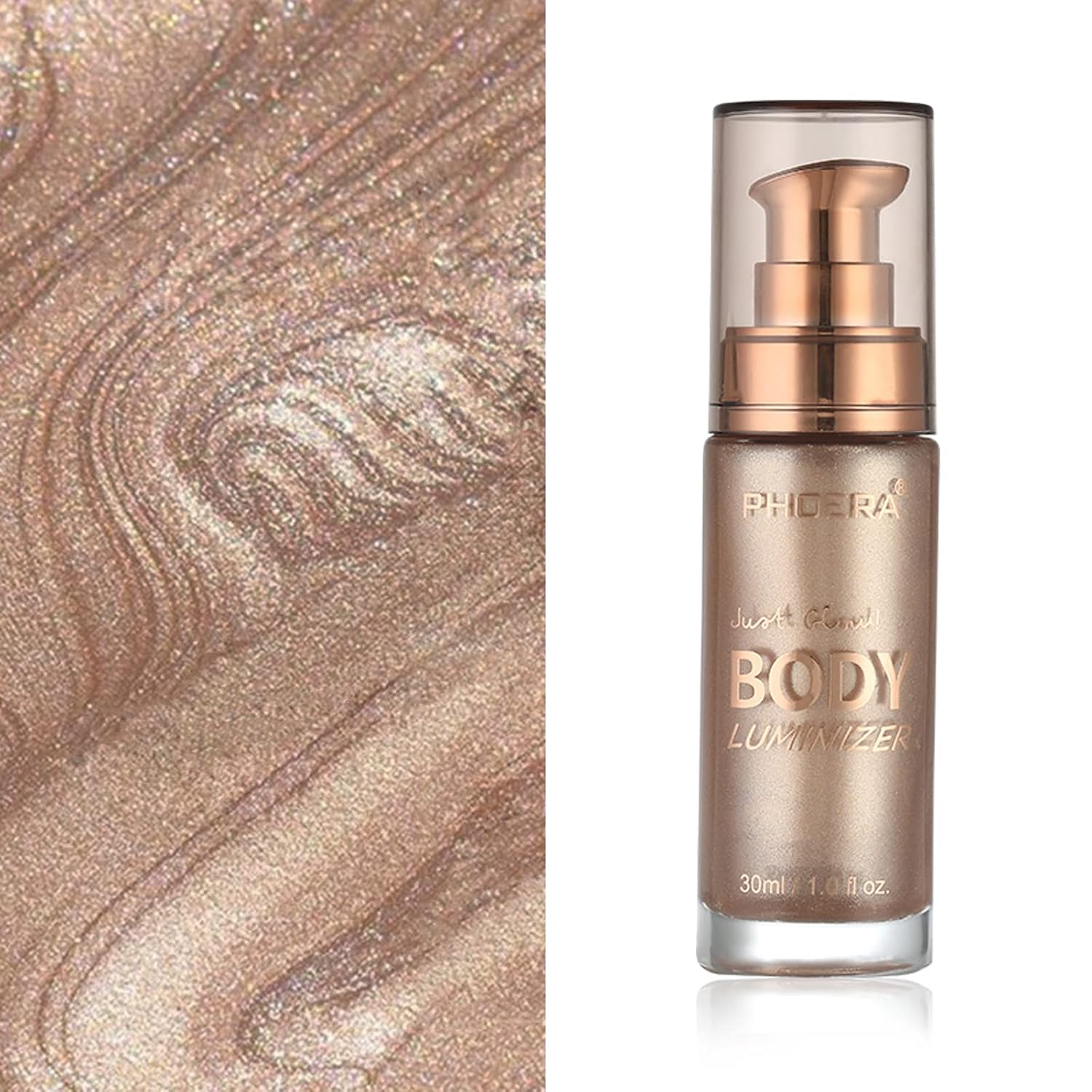 Body Shimmer Oil, Rose Gold Natural Glow Luminizer, Brush Include, 1oz | Long Lasting Moisturizing Liquid Illuminator Highlighter Makeup for a Sun-Kissed Glow, Light Medium - Image 3