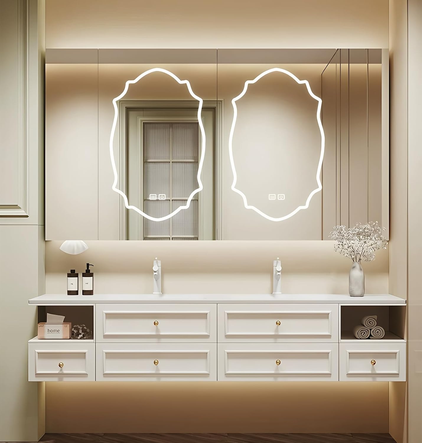 Solid Wood Vanity for Bathroom - 96 inch Double Sink Vanities, Floating Bathroom Cabinet with Two Seamless Integrated Basins and Smart Defog Mirror Cabinet, Soft Closing Doors, Storage Space