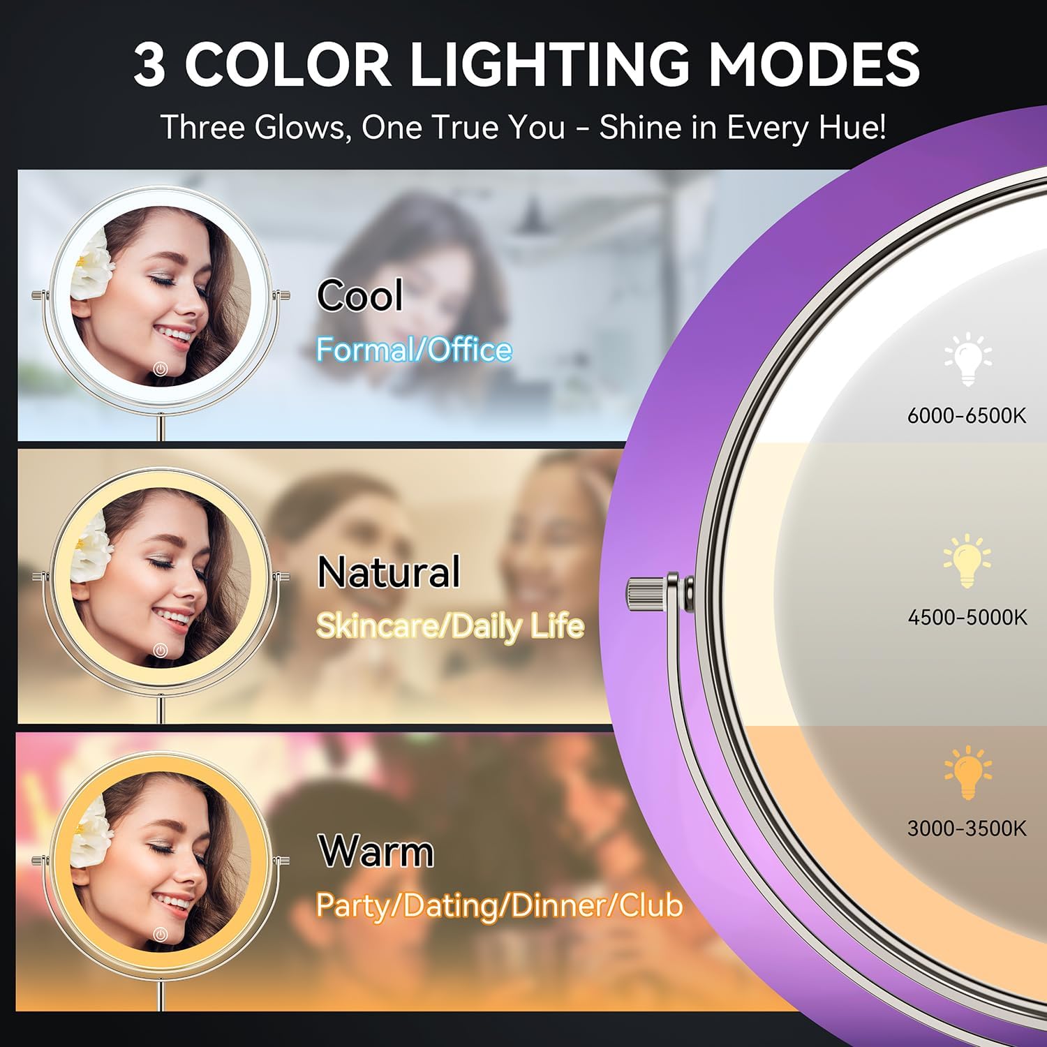 Auxmir 9" 1X/30X Lighted Makeup Mirror, Rechargeable Maginfying Mirror | 3 dimmable colors, 14.9-18.5 in adjustable height, 3000mAh, 360°rotation, stable storage base, 30X magnification, Nickel - Image 3