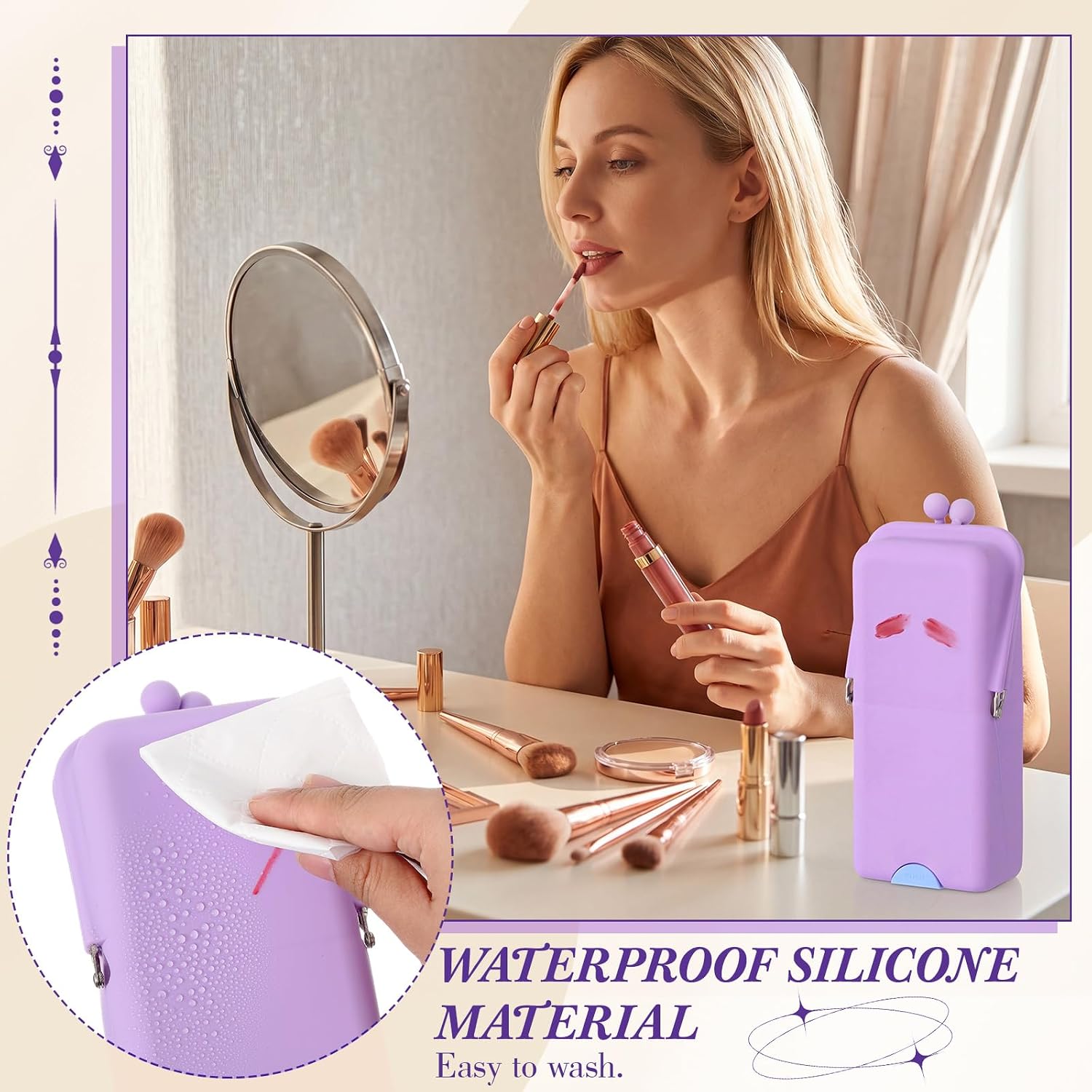 Kacctyen Makeup Brush Case Silicone Standing Makeup Brush Holder,Purple | Silicone Make up Travel Bag with Suction Portable Cosmetic Organizer Phone Stand Pouch for Travel Home Back to School Use - Image 4
