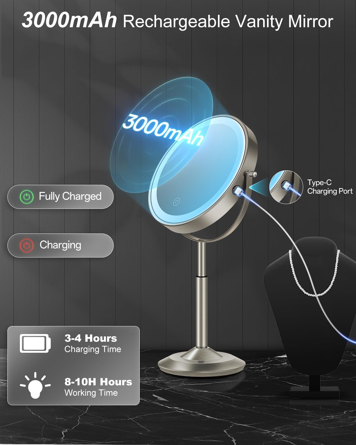 8" Lighted Makeup Mirror with Light,30X Magnifying Height Adjustable Mirror | 3000mAh Rechargeable Battery Vanity Mirrors with 3 LED Lighting Dimmable for Desk Dresser Office Women Gift - Image 7
