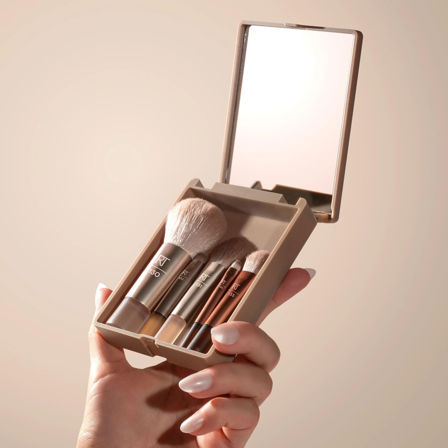 Real Techniques New Nudes On the Glow Mini Brush Kit, Compact Mirror | Easy touch-ups anywhere with a mini makeup brush set with compact mirror, travel makeup brushes and liquid cream powder - Image 5