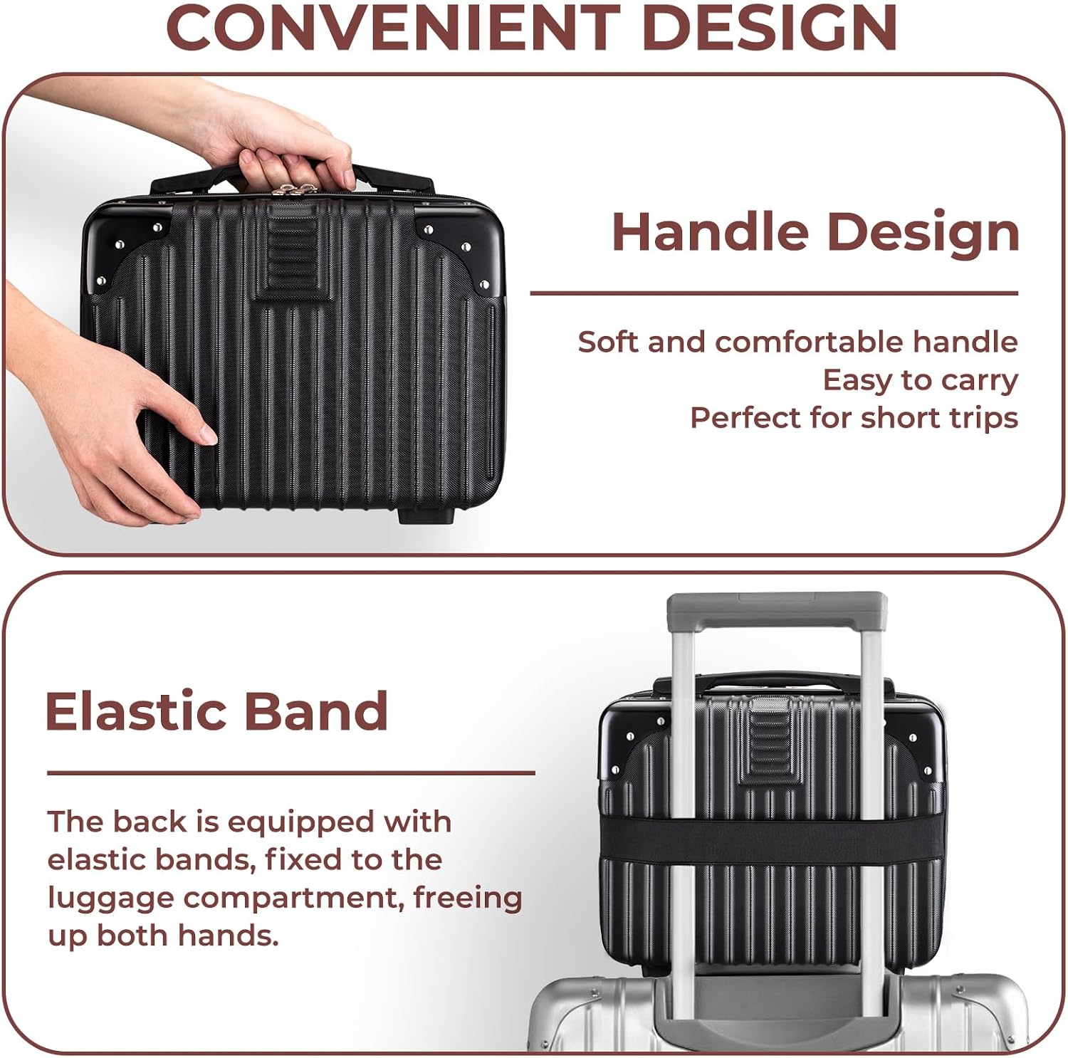 Noverlife 14in Portable Hard Shell Cosmetic Travel Case with Elastic Strap | Pressure-proof ABS Carrying Cosmetics Suitcase, Small Travel Hand Luggage with Elastic Band, Portable Makeup Travel Case - Image 4