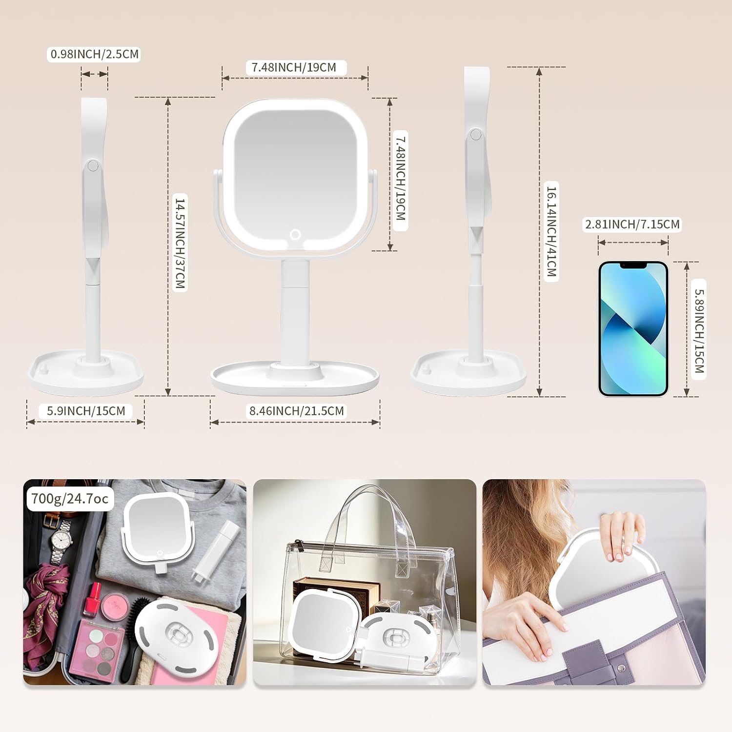 Makeup Mirror with Lights, 1X/10X Magnifying Mirror with Light, Rechargeable Lighted Makeup Mirror with Magnification, 3-Color Lighting, Height Adjustable 360° Rotation Desk Mirror, Gift for Women - Image 5