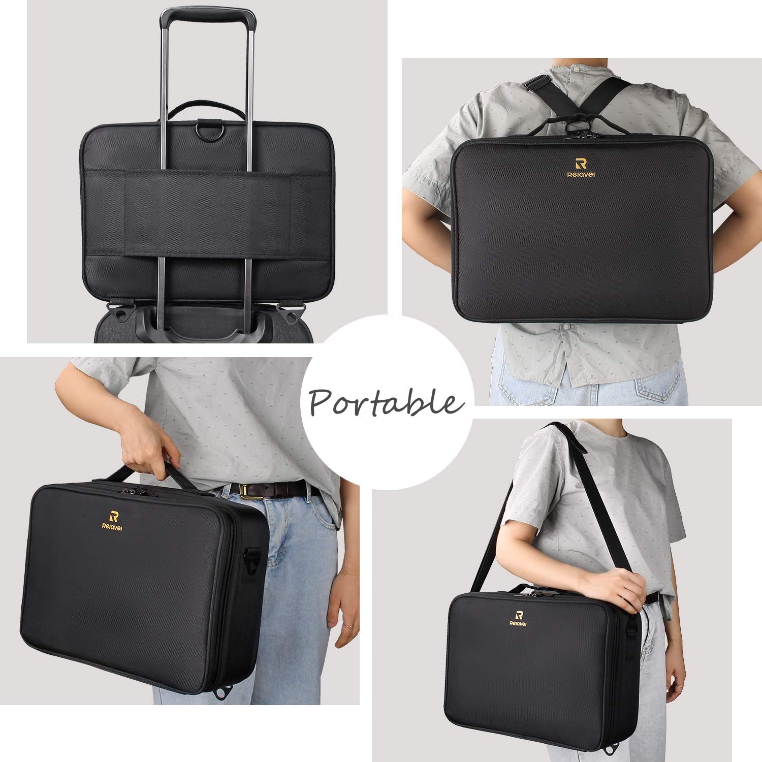 Relavel Makeup Case Large Makeup Bag Professional Train Case 16.5 inches Travel Cosmetic Organizer Brush Holder Waterproof Makeup Artist Storage Box, 3 Layer Large Capacity, with Adjustable Strap - Image 6