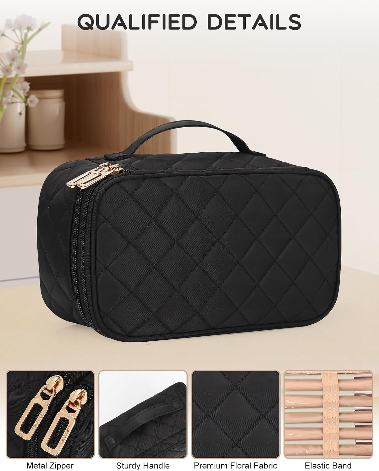 Relavel Small Travel Makeup Bag for Women, 2 Layer Makeup Organizer | Travel Cosmetic Bag with Separate Brush Compartment, Portable Make Up Storage with Handle for Short Trip, Gym - Image 3