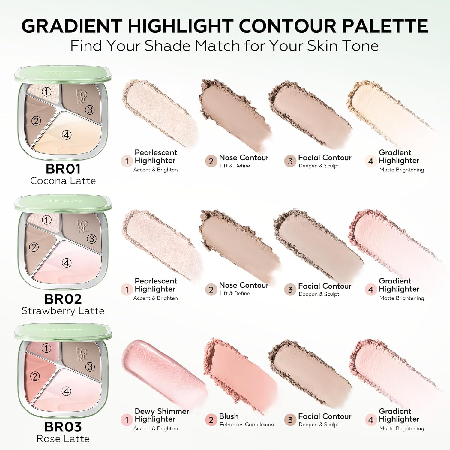 FOCALLURE Highlighter and Contour Palette, All-in-one Face Contour Powder with Gradient Highlighter & Matte Shade, Natural Blendable Long Lasting 3D Radiant Makeup for Warm Skin Tone, Cocona Latte - Image 3