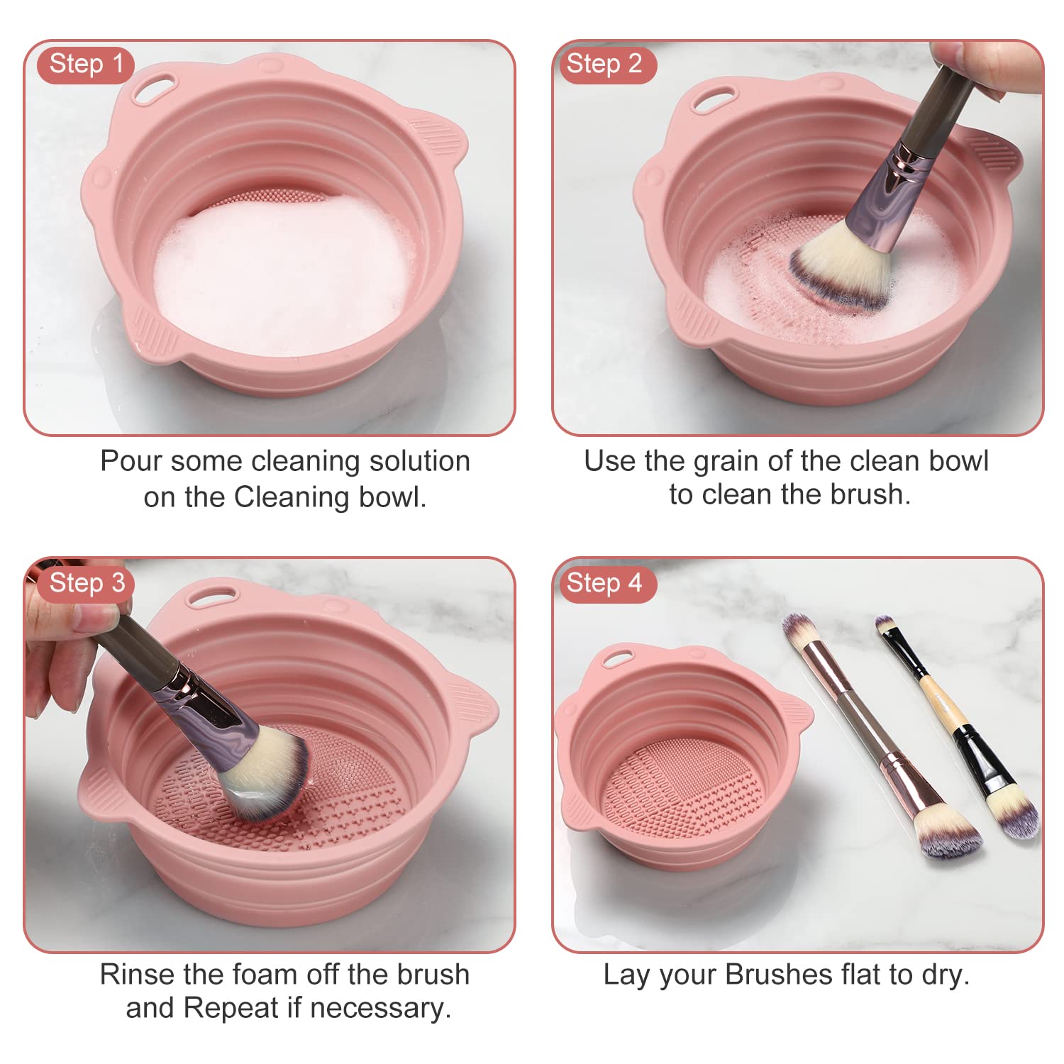 Foldable Silicone Makeup Brush Cleaner Bowl | Portable Cleaning Tool For Brushes, Powder Puffs, Sponges (Pink) - Image 6