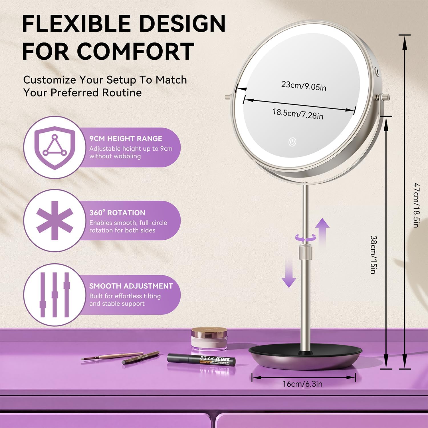 Auxmir 9" 1X/30X Lighted Makeup Mirror, Rechargeable Maginfying Mirror | 3 dimmable colors, 14.9-18.5 in adjustable height, 3000mAh, 360°rotation, stable storage base, 30X magnification, Nickel - Image 5