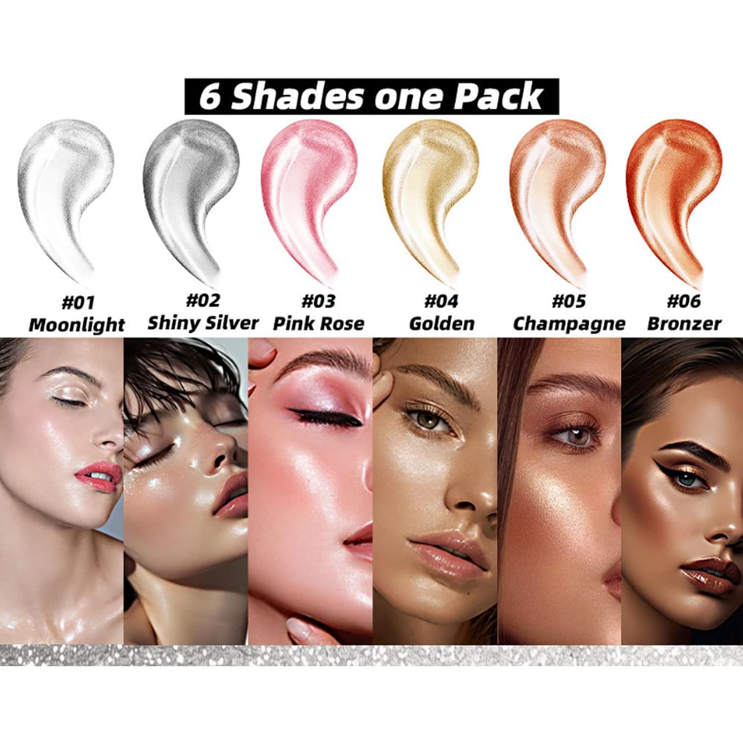 6Pcs Liquid Highlighter Set, Glitter Highlighter Stick for Face Body and Eye, Natural Shimmer Glowing Finish, Long Lasting, Waterproof - Image 3