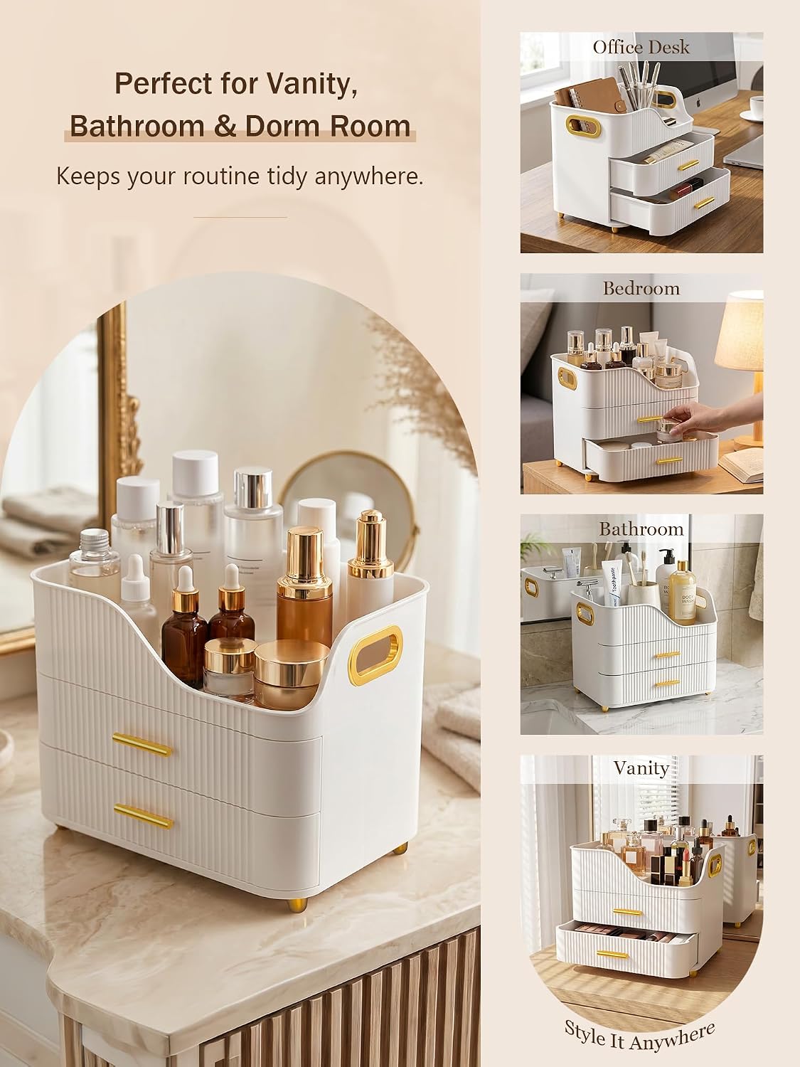 Booklov Large Makeup Organizer for Vanity, Bathroom Countertop, White | Plastic Cosmetic Display Case with Drawers, Beauty Brush Holder for Dresser Counter Skincare Eyeshadow Lipstick Storage - Image 8