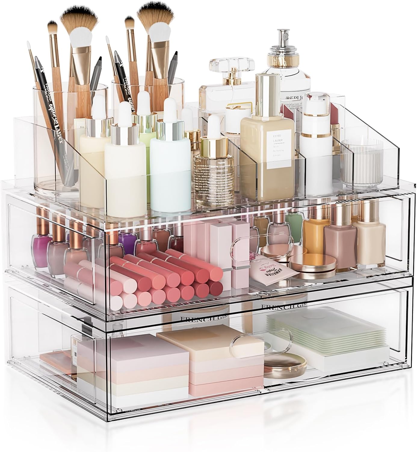 Clear Stackable Makeup Organizer with Drawer, 12''W Acrylic Storage Drawers | Cosmetic Display Case for Vanity Bathroom Countertop Drawers, Beauty Holder for Lipstick Brush Skincare Perfume