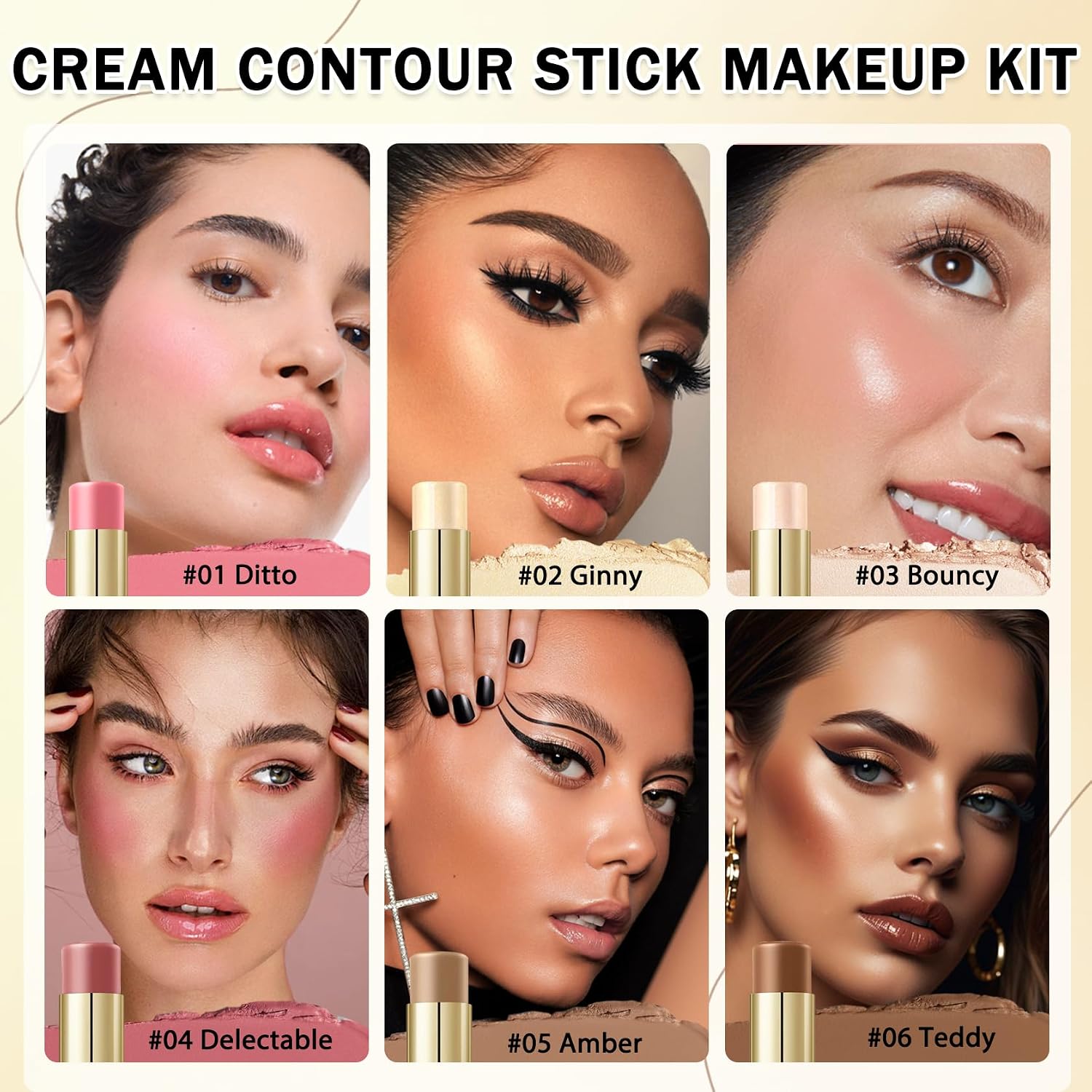 IONSGAKO 6 Colors Double-ended Cream Contour Stick Makeup Kit, Set A | Cream Highlighter Stick Bronzer and Blush Stick for Sculpt the Cheeks, Matte & Dewy Finish, Face Contour Kit for Beginners - Image 2