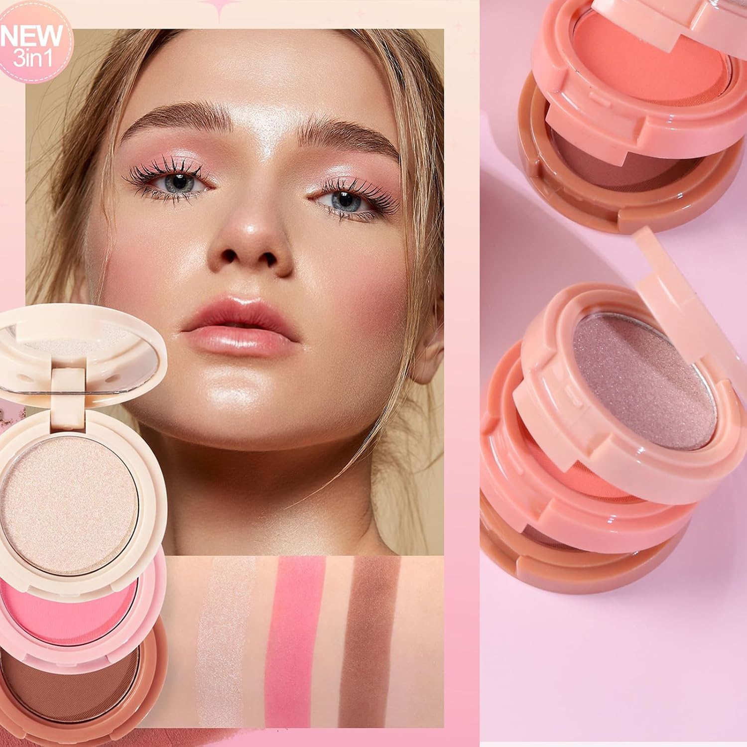 3-in-1 Blendable Trio, Contour and Highlight Blush Makeup Palette, Cream Bronzer, Silky Smooth Powder Blush, Shimmer Highlighter Makeup Powder, Travel-Friendly Stackable Make Up Kit with Mirror(01) - Image 5