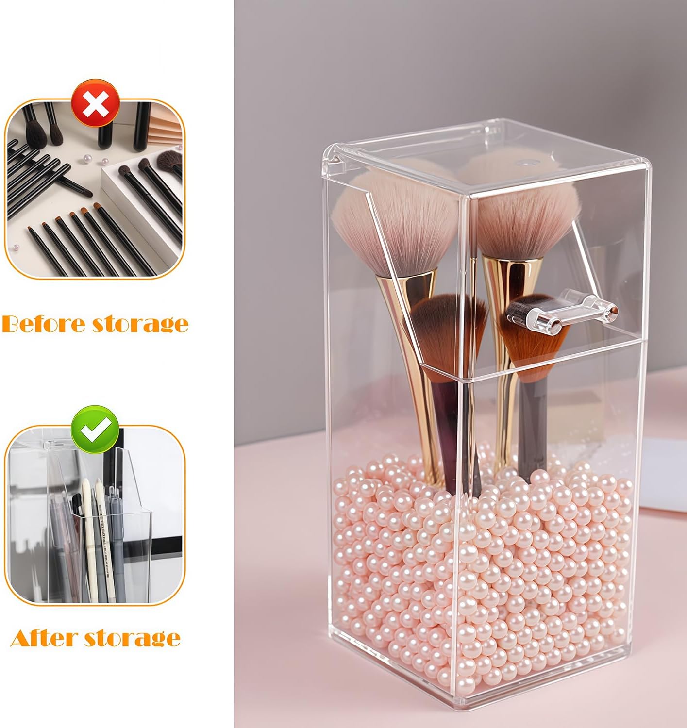 Square Acrylic Cosmetic Brush Organizer with Dustproof Lid, Clear, 9x9x21cm/3.5x3.5x8.3inch, 1pcs, Makeup Storage, Jewellery Storage Container - Image 6
