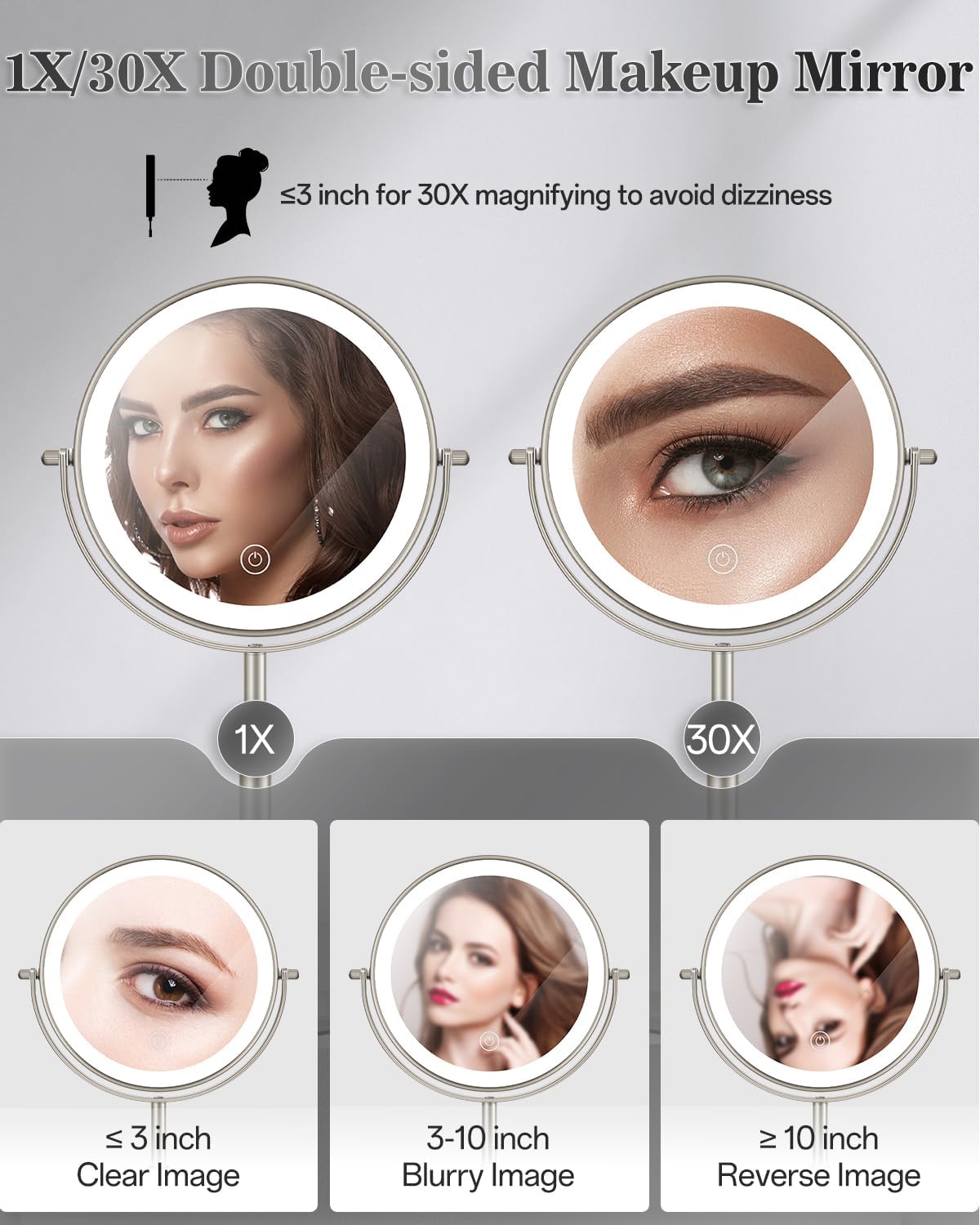 8" Lighted Makeup Mirror with Light,30X Magnifying Height Adjustable Mirror | 3000mAh Rechargeable Battery Vanity Mirrors with 3 LED Lighting Dimmable for Desk Dresser Office Women Gift - Image 3