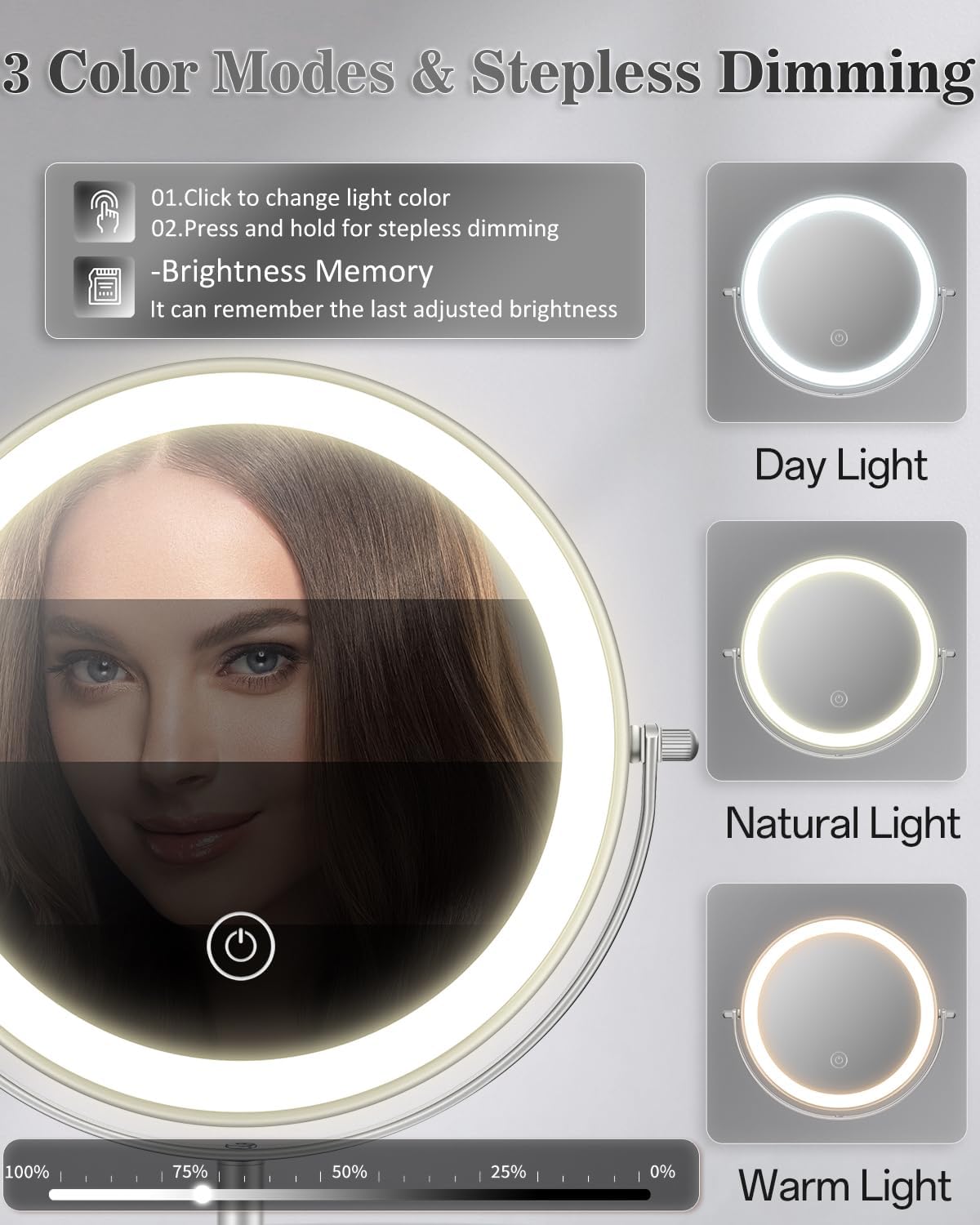 8" Lighted Makeup Mirror with Light,30X Magnifying Height Adjustable Mirror | 3000mAh Rechargeable Battery Vanity Mirrors with 3 LED Lighting Dimmable for Desk Dresser Office Women Gift - Image 4