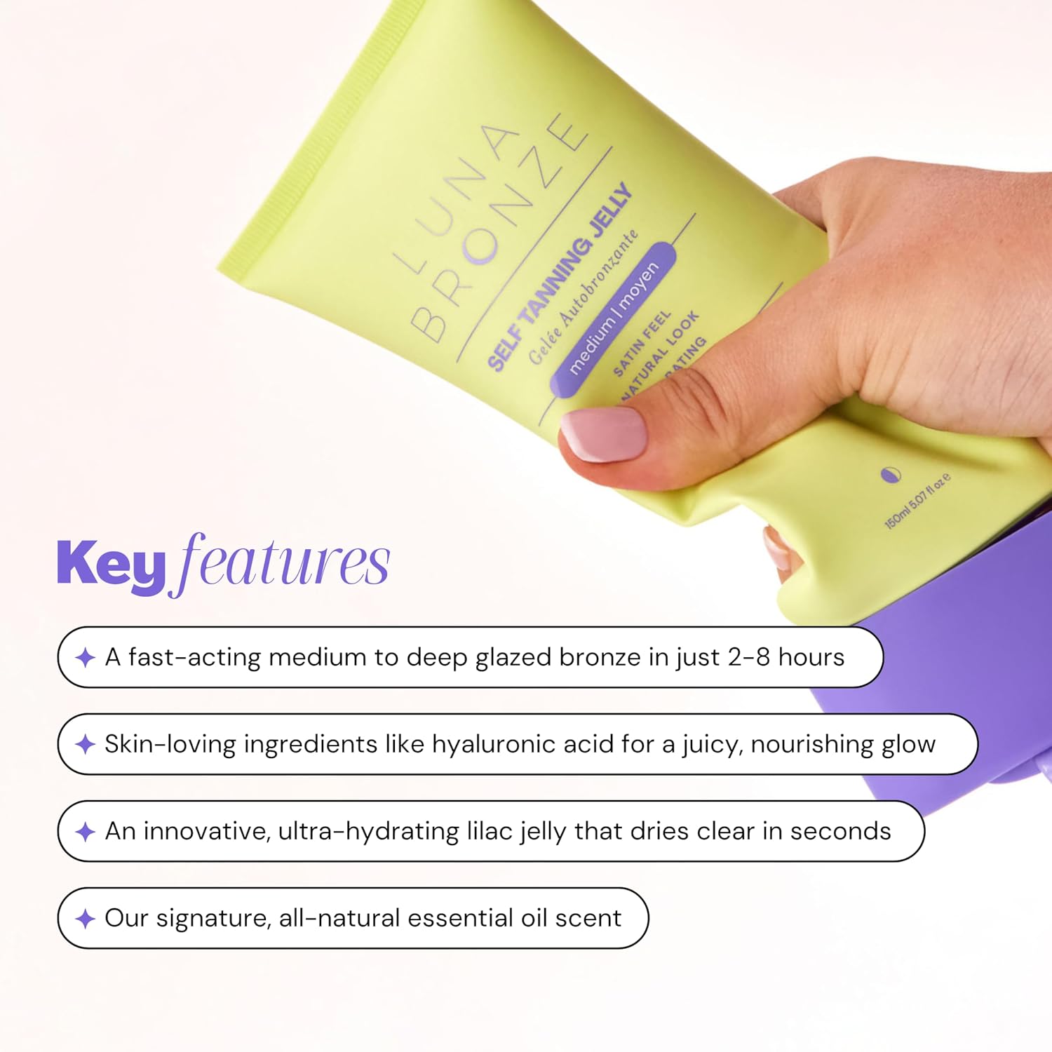 Self Tanning Jelly | Purple Self Tanner with Hyaluronic Acid and Natural DHA | Quick Dry, Non-Sticky, Streak Free | Medium to Deep Tan in 2-8 Hours, Vegan, Cruelty Free (150ml/5.1 fl. oz) - Image 4