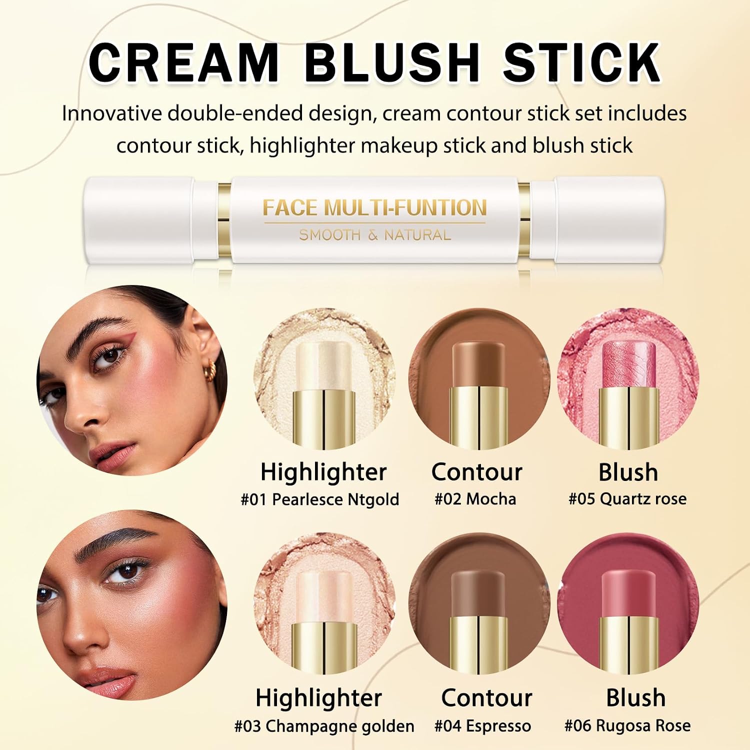 IONSGAKO 6 Colors Double-ended Cream Contour Stick Makeup Kit, Set B | Cream Highlighter Stick Bronzer and Blush Stick for Sculpt the Cheeks, Matte & Dewy Finish, Face Contour Kit for Beginners - Image 3