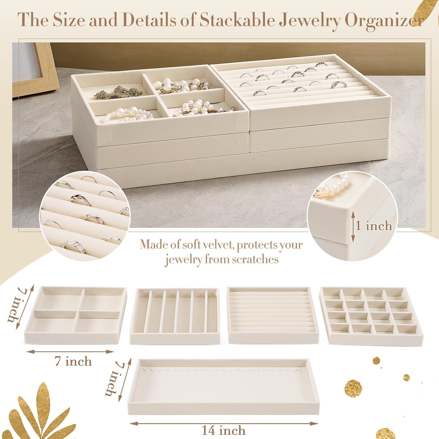 Cinnvoice Set of 10 Stackable Jewelry Organizer Trays for Drawer 14 Inch Velvet Jewelry Drawer Insert Display Storage with Removable Divider for Necklace Earring Ring Watch Bracelet (Beige) - Image 2